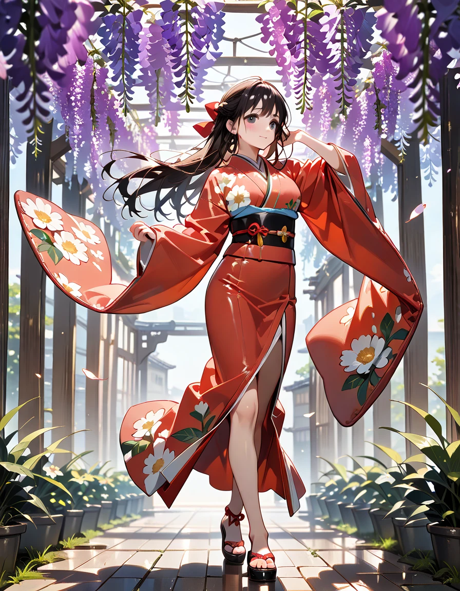 a beautiful japanese woman, kimono, large breast, best quality, masterpiece, ultra high res, photorealistic, looking at the horizon, smile