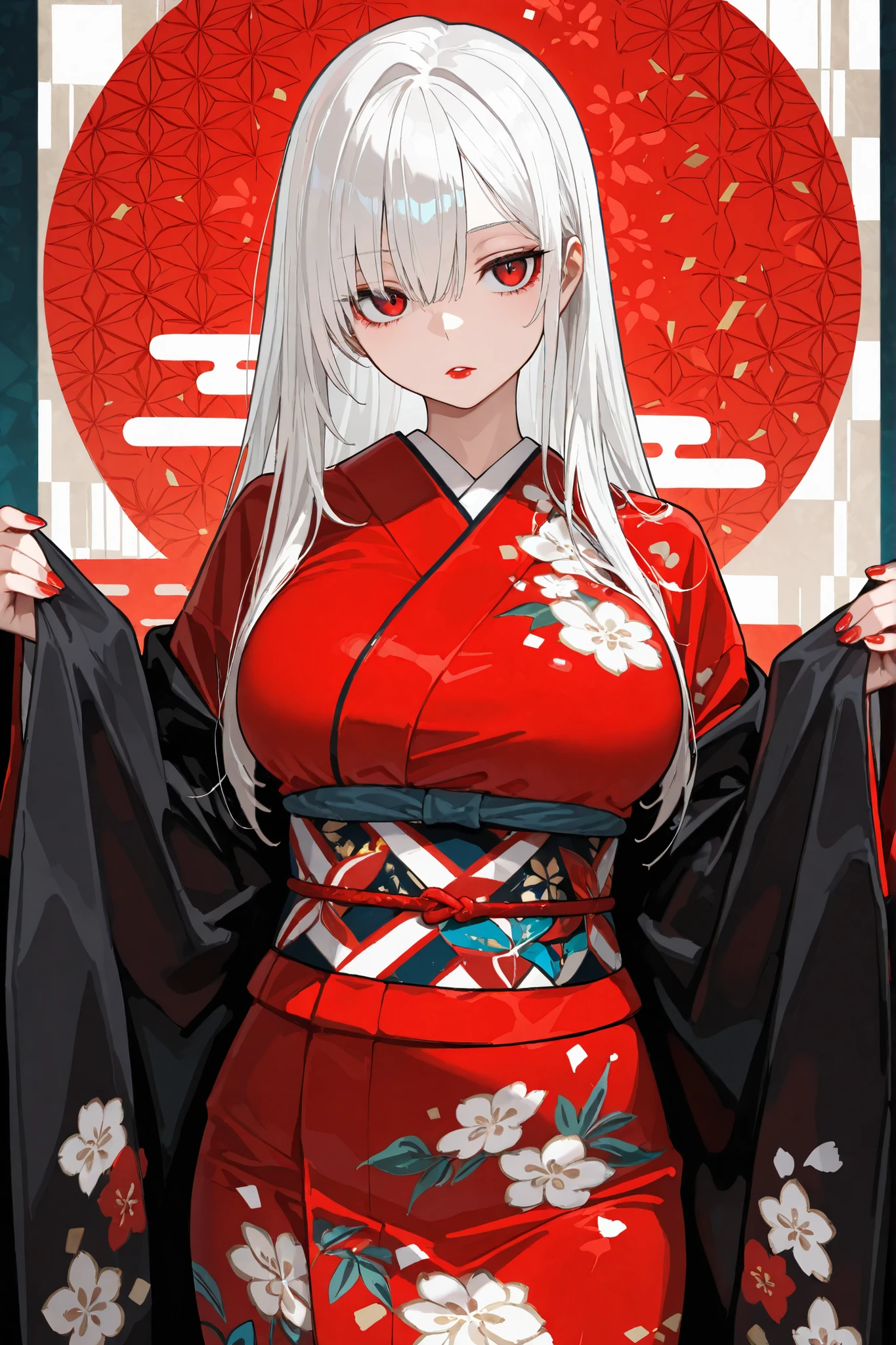 (masterpiece, best quality, 4K, ultra-detailed), beautiful 20-year-old girl, long white hair, large breasts, wearing a vivid red kimono, red lipstick, red nails, emotionless expression, standing pose, looking straight ahead, geometric traditional Japanese pattern background