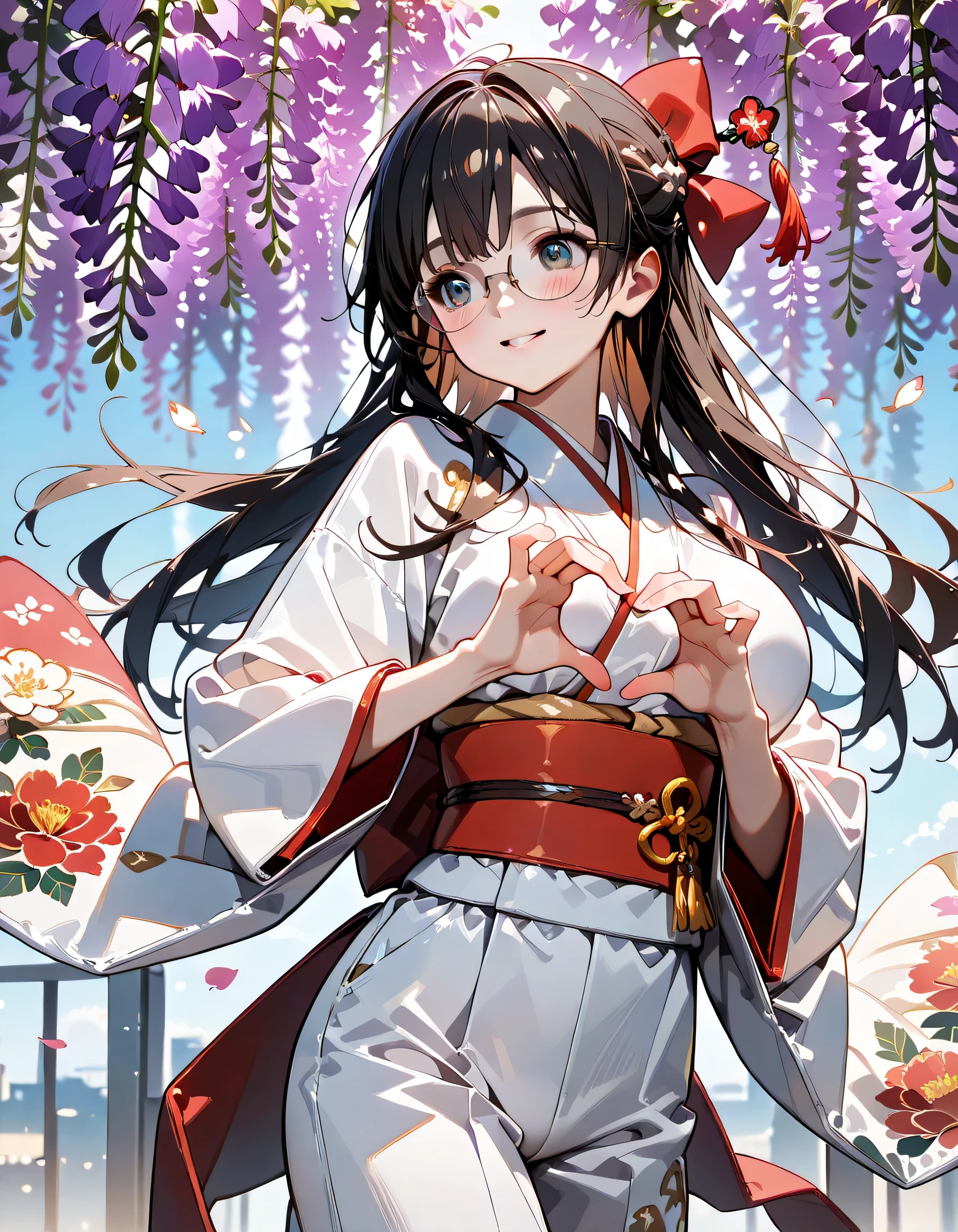 ((ultra-detailed)), (highly detailed CG illustration), (best quality:1.2), ultra-highly detailed, colorful composition, artistic photoshoot, 1girl, solo focus, ((upper body:1.3)), moe anime character, girl, dainty facial structure, (baby face), (round face), ((rounded chin:1.2)), blue eyes, ((wearing glasses:1.4)), ((round eyewear:1.4)), ((black hair color)), ((long hair)), ((half updo)), ((hair ribbon with red)), ((fluttering hair)), ample breasts, ((pink ankle-length long furisode costume with gorgeous floral pattern:1.4)), ((red obi with golden decorations)), ((red Japanese ornate hairpin with golden decoration)), ((smile:1.3)),  ((happy:1.3)), ((joyful:1.3)), ((blush:1.3)), ((looking viewer)), ((Walking along the the wisteria flowers:1.3)), ((wisteria flowers petals dancing)), beautiful detailed sky, from front, ((dynamic pose)), ((contrapposto pose)), best quality, masterpiece, expecting, pink cheek, blush, light pink gloss slip, portrait, depth of field, soft lighting, sidelighting, (shine), lighting, caustics, ray tracing, perfect face, lustrous skin, highly detailed face, highly detailed eyes, perfect face, perfect nose, perfect hair, perfect eyes, perfect anatomy, beautiful hair, beautiful small face, extremely detailed face, beautiful detailed eyes, beautiful clavicle, beautiful body, beautiful huge breasts, leavage, breasts squeezed together, equalize the size of the left and right breasts, beautiful fingers, 4 fingers, 1 thumb, lovely, (very detailed background:1.0), (highly detailed background:1.0), spring aesthetic, intricate details, joyful atmosphere, spring colors palette, chromatic aberration