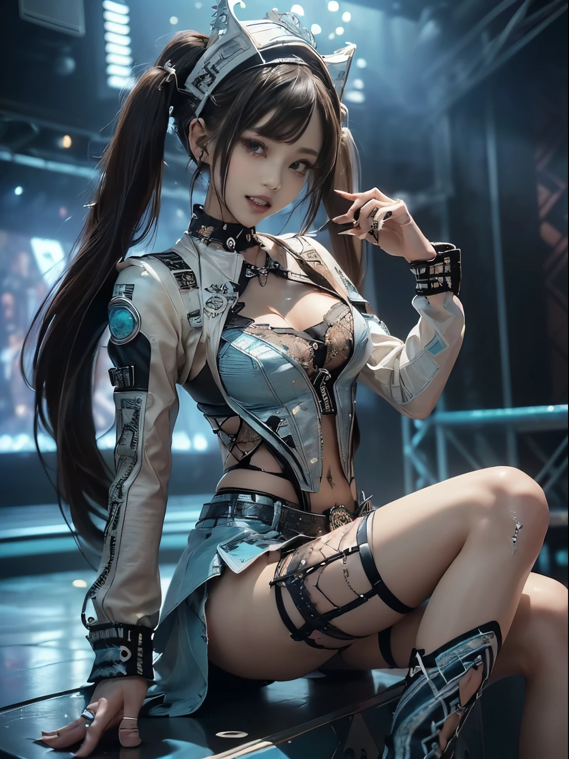 (Full Body View:1.3)、(Side view:1.2)、(Smiling with teeth showing:1.3),(Shibuya Gal:1.5)、(Goth Style Fashion:1.5)、(Punk RockVisual Kei:1.5)、(Wearing a rhythmic gymnastics bodysuit with intricate details:1.4)、(Racing suit and pants in white, denim and dark grey with delicate decorations:1.5)、(Denim and light blue and black boots:1.3)、((belt))、(Numerous delicate logo marks all over the costume:1.4)、(collar:1.3)、(Striped underwear:1.5)、20-year-old、NSFW、((Highest quality、In 8K、masterpiece:1.3))、Sharp focus:1.2、(Layered Cut、Huge boobs:1.1),Beautiful woman with perfect figure:1.4、(Doing an aerobics pose:1.3)、Slender Abs:1.2、Highly detailed face and skin texture、Detailed eyes、double eyelid,(Twin tails:1.3)、(Brown-golden hair:1.3)、Gravure idol、(The background is a beautiful crystal underground palace:1.3)、(Slim Body:1.3),(Make your legs thinner:1.4),(Thin thighs:1.1)、(clavicle:1.1)