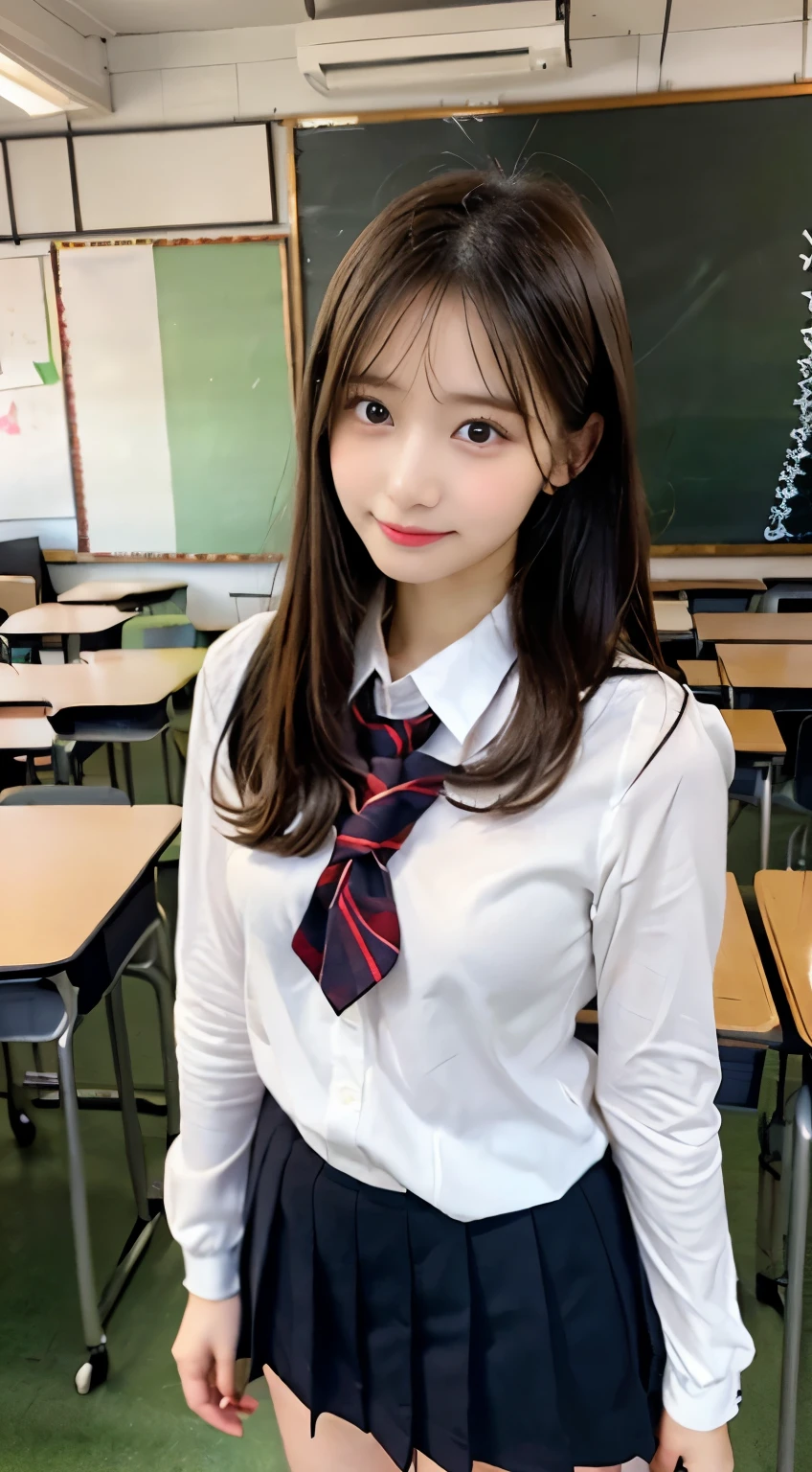 (masterpiece:1.3)、Super detailed finish、(High resolution、8k:1.3)、highest quality、beautiful hands、beautiful hands指、(Super realistic like a photo:1.3), ultra high definition face、The face is in focus、Ultra high definition and beautiful eyes、(focused eyes:1.3)、(Eyes are symmetrical:1.3)、High-definition and beautiful skin、firm skin、natural makeup、gross lip, Ultra high definition hair texture、japanese woman、high school girl、17 years old、(high school uniform:1.3), very cute, very extra short hair:1.2, (sitting:1.3), medium breast, (flipping up the skirt、A little panties are visible from the skirt:1.1), (classroom), (very embarrassed:1.3), (blush:1.3), (looking at viewer:1.2)