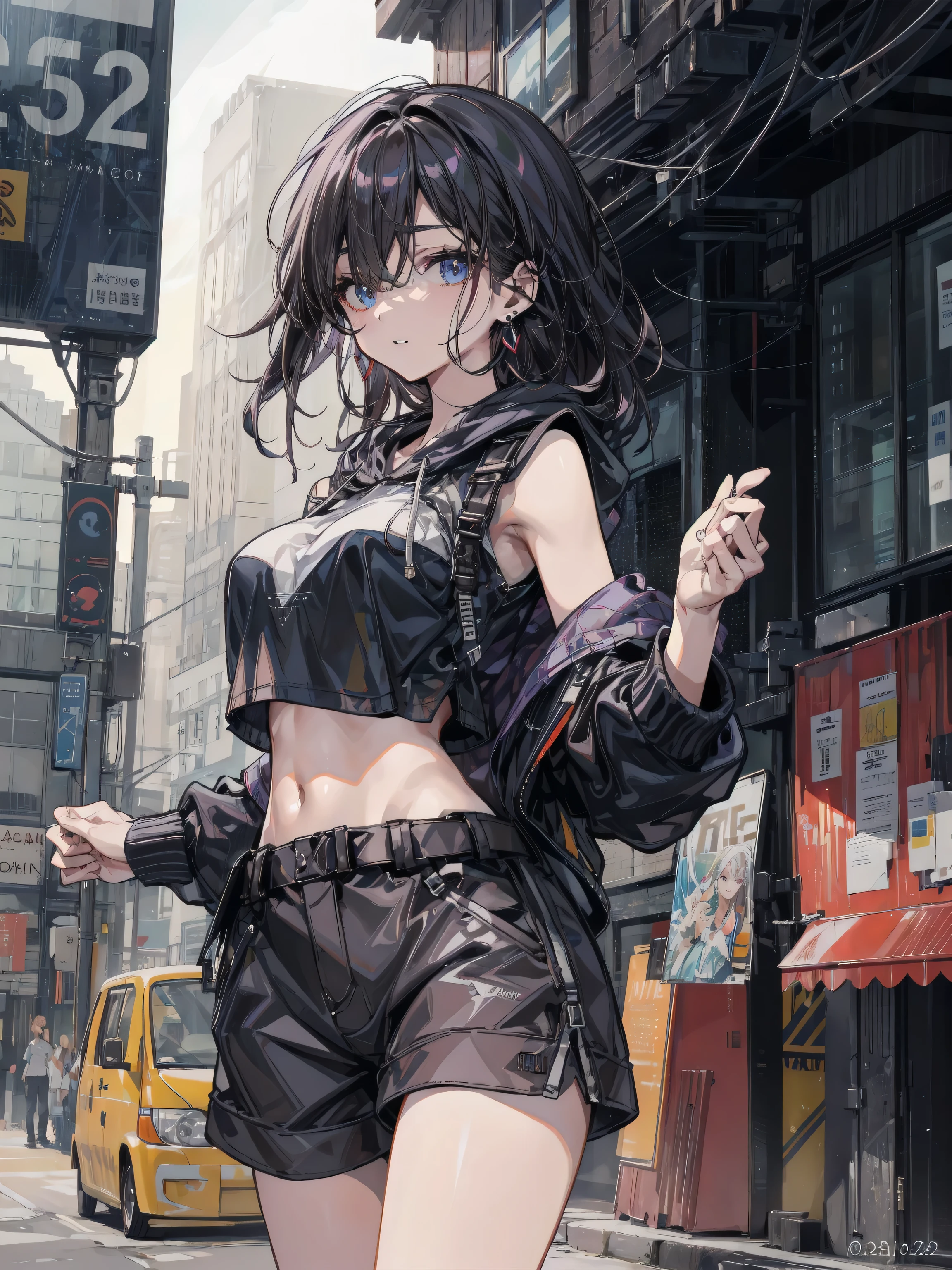 woman,20-year-old,,city,night,tight mini skirt bodysuit,(),open mouth smile((See-through))glasses,((beautiful long ponytail))