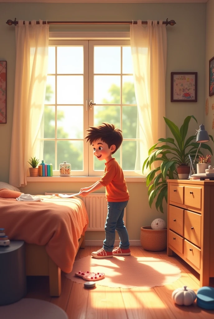 Disney-style poster, As a child, 10 years, putting on, His shoes, sports, the stage, is the, living room, from your house, play station, in the table