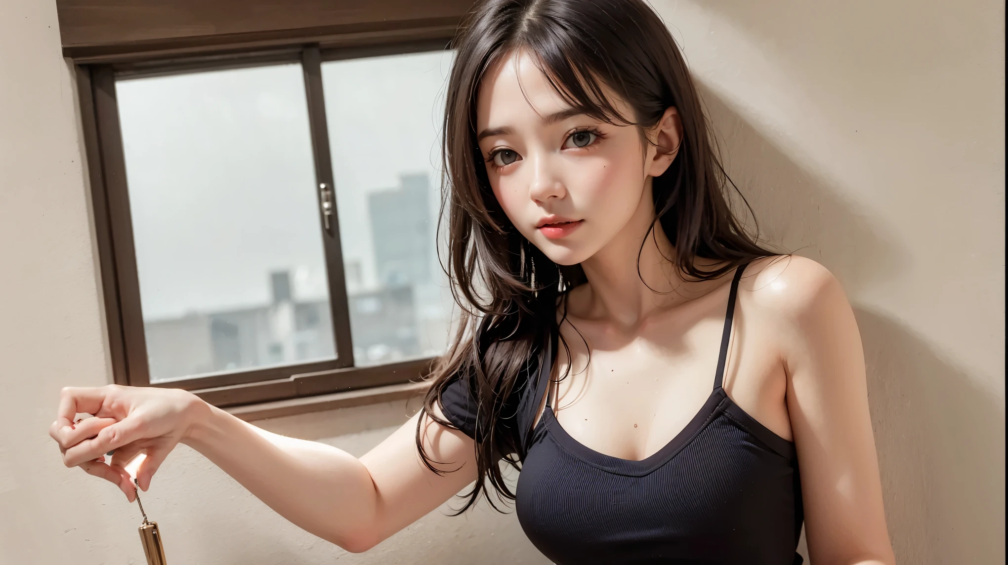 innocent 18 year old girl、((wear a black sleeveless knit,Distressed Jeans Bottoms,dramatic pose)),cute face,bright eyes,tear bag,shy smile,shortcut,bed background,Raw photo, (8K、highest quality、masterpiece:1.2)、(intricate details:1.4)、(realistic:1.4)、octane rendering、Intricate 3D rendering Super detaileded, soft light in the studio, rim light, vivid details, Super detailed, realistic skin texture, face, Beautiful eyes in every detail, Highly detailed CG Unity 16k wallpaper, compensate, (detailed background:1.2), shiny skin, whole body、draw from head to knees、cleavage,((raise your arms up,squat with legs apart))