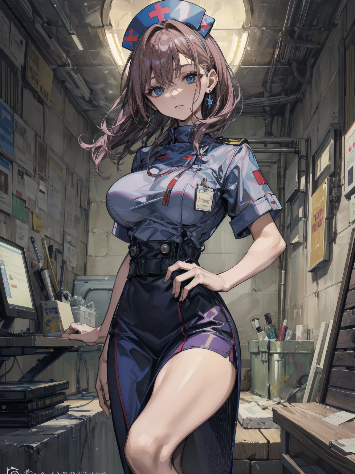 1girl,unparalleled masterpiece, mature female,
aoi1, 1girl, solo, red hair, folded ponytail, blue eyes, skirt, necktie, white gloves, police uniform, belt, black pantyhose, jacket, armband <lora:sakuraiAoiRailWars_v10:0.6>