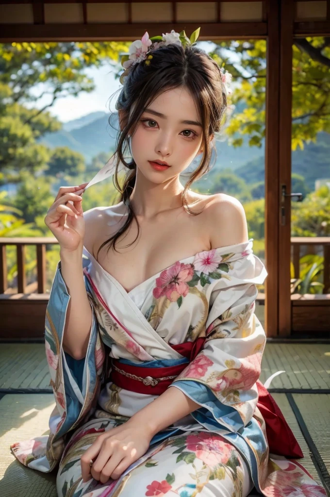 (Cinematic Light, 最high quality, 8k, masterpiece: 1.3), (The world is wonderful, Japanese Goddess, One beautiful woman in the Japan), (necklace, bracelet, anklet, Leg Ring), (Cleavage, sexly, Highly detailed breasts), (Big Tits), kimono, classic kimono, kimono, Japan kimono, intricate geisha, blue kimono with floral pattern, Japanese style, wearing kimono, Inspired by Kano Hogai, masterpiece, 最high quality, high quality, High resolution