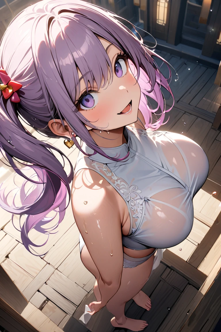 The best masterpiece、Wolf Girl, Large Breasts, Voluminous light purple hair, masterpiece , Red eyes, hd, Thick thighs, Head to Chest, buried in my chest、Double teeth、tooth、Chubby、Grinning、camisole、Big Tits、Denim Jacket、white iris、