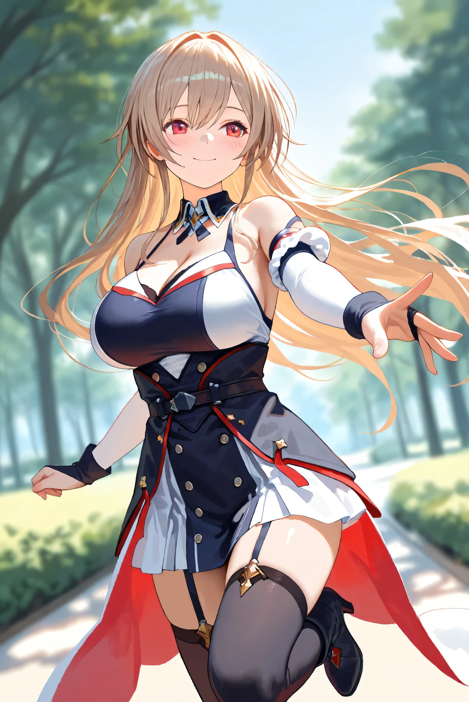 (paysage ville), (finely detailed eyes and detailed face:1.3), (extremely fine and beautiful:1.1), (Perfect details:1.1), nikke, leona, rear view, jambes grasses, yellow eyes, fox ears, white dress, short dress, sleeveless, sideboob, detached sleeves, shorts, belt, mains sur les seins