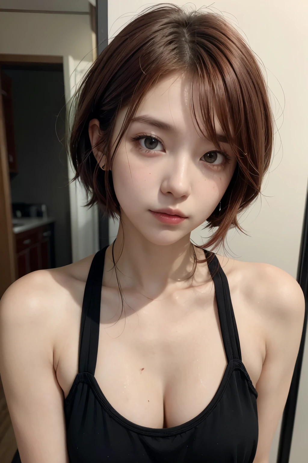 highest quality, RAW Photos, Realistic, face, Incredibly beautiful girl, cute，Written boundary depth, High resolution, Super detailed, detailed, Very detaileded, extremely detaileded eye and face, Sharp pupils, Realistic students, Sharp focus, Cinema Lighting, Japanese, Short women,  Physical build, Short arms, Long, narrow eyes, Fleeting atmosphere, 30 years old, Brown bob hair, ((thin lips)), White top and bottom underwear, Masterpiece, highest quality, Detailed skin, Detailed face, Fine grain, 8k, Excellent anatomy, Upper body portrait，flat breasts, small breasts, small,( small bust: 1.2), small bust, (slim, small, flat, small), thin, Delicate and sexy collarbone, (White shirt:1.2), (Lifting ワイシャツ to show off a small white bra:1.5)))，((Whole Body Ezbian))，