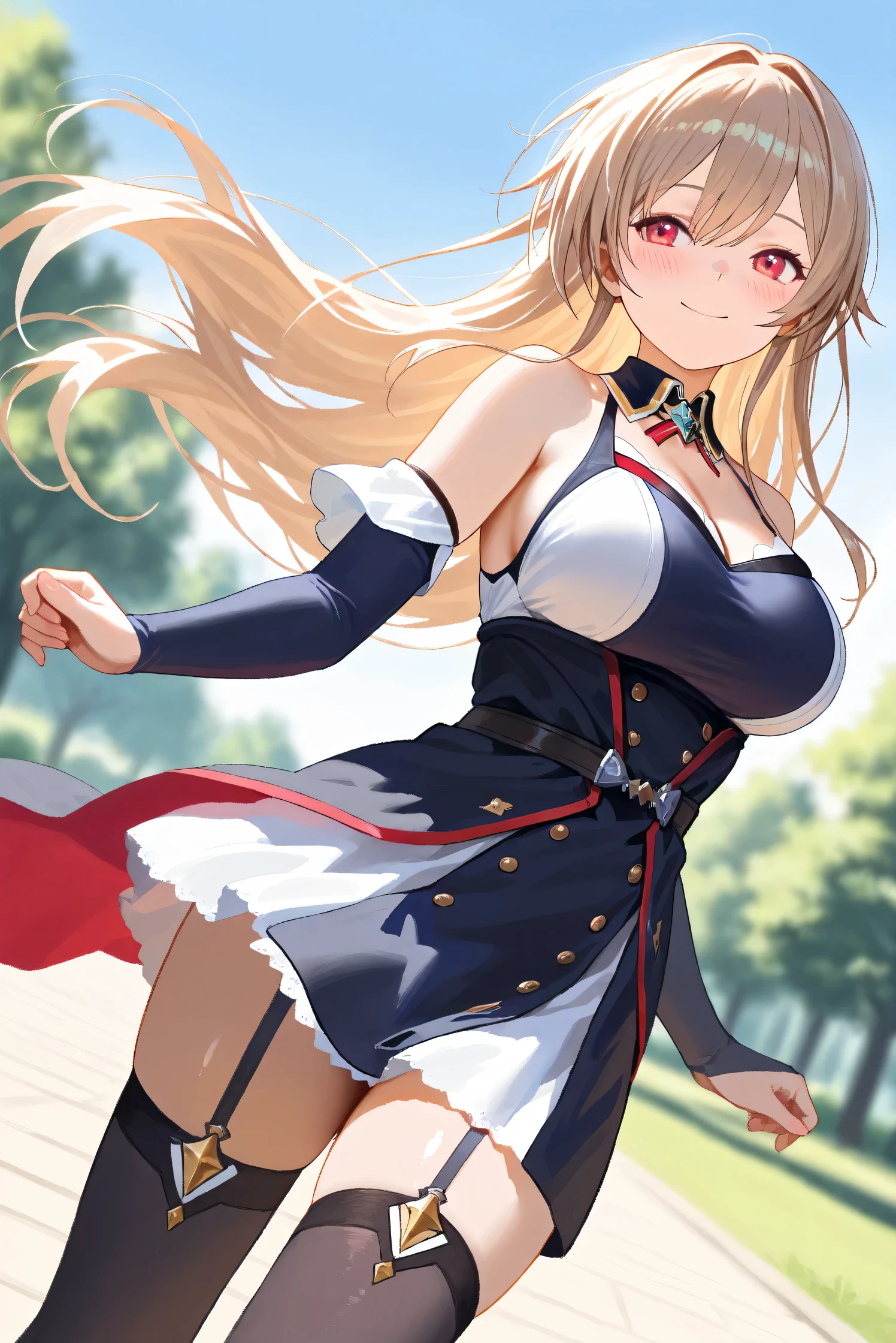 (Masterpiece), (Highest quality), (Very detailed), 
(The best shape), (Best Shadow), (Absurd), 
(Detailed background), (So beautiful), Shiny , 
Extraordinary, Countershading, 8k, 32K, High resolution, Beautiful eyes in every detail,
Very Detailed CG, UHD,

Score_9, Score_8_up, Score_7_up, Source_anime, 
(Pastel painting:1.2), (Watercolor painting:1.2),
(Masterpiece, Detailed:1.2), (Foreshortening:1.2),

Cinematic, Dramatic, (Depth of field:1.4),
(Blurry background:1.4), (Realistic background:1.4),
(Foreshortening:1.3),Dynamic angle, 1 girl,
Outdoor, Nature, Park, Wind,
from below,

Furen E Lustario,
Nijisanji, virtual youtuber,
frnel, very long hair, blonde  hair, brown hair, bangs, red eyes, hair between eyes, large breasts, 

t costume, dress, short dress, detached collar, bare shoulders, detached sleeves,  cleavage, collarbone,  bridal gauntlets, black thighhighs, garter straps, waist cape,boots, high heels, 

cowboy shot,
(Blush:1.3), smile, happy,
Shiny skin,