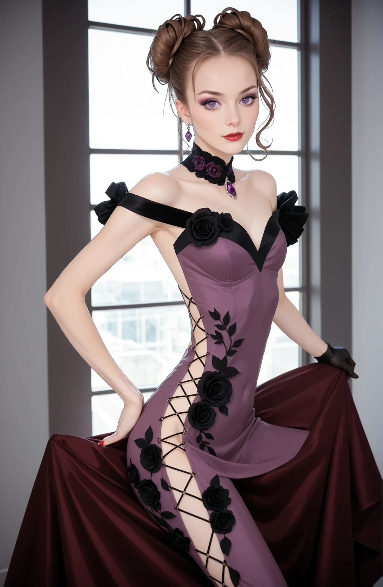 A slender woman with very short red-brown hair, violet eyes, wearing a cocktail dress, in an opulent bedroom, in full view in a highly detailed anime style