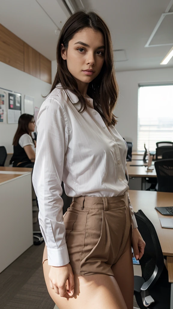 a girl with italian features, light brown hair, hazel eyes, wearing a white blouse, in an epic realism style restaurant interior, (best quality,4k,8k,highres,masterpiece:1.2),ultra-detailed,(realistic,photorealistic,photo-realistic:1.37),chiaroscuro lighting,cinematic composition,ornate interior,delicate brushstrokes,warm color palette