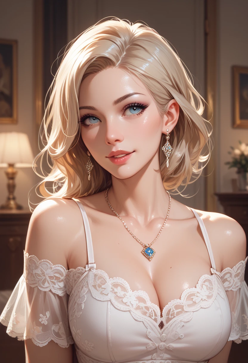 score_9, score_8_up, score_7_up, score_6_up, 1girl, breasts, rating:safe, necklace, cleavage, solo, jewelry, long_hair, blonde_hair, upper_body, blue_eyes, large_breasts, looking_at_viewer, lips, eyelashes, pendant, dress, makeup, medieval, dress