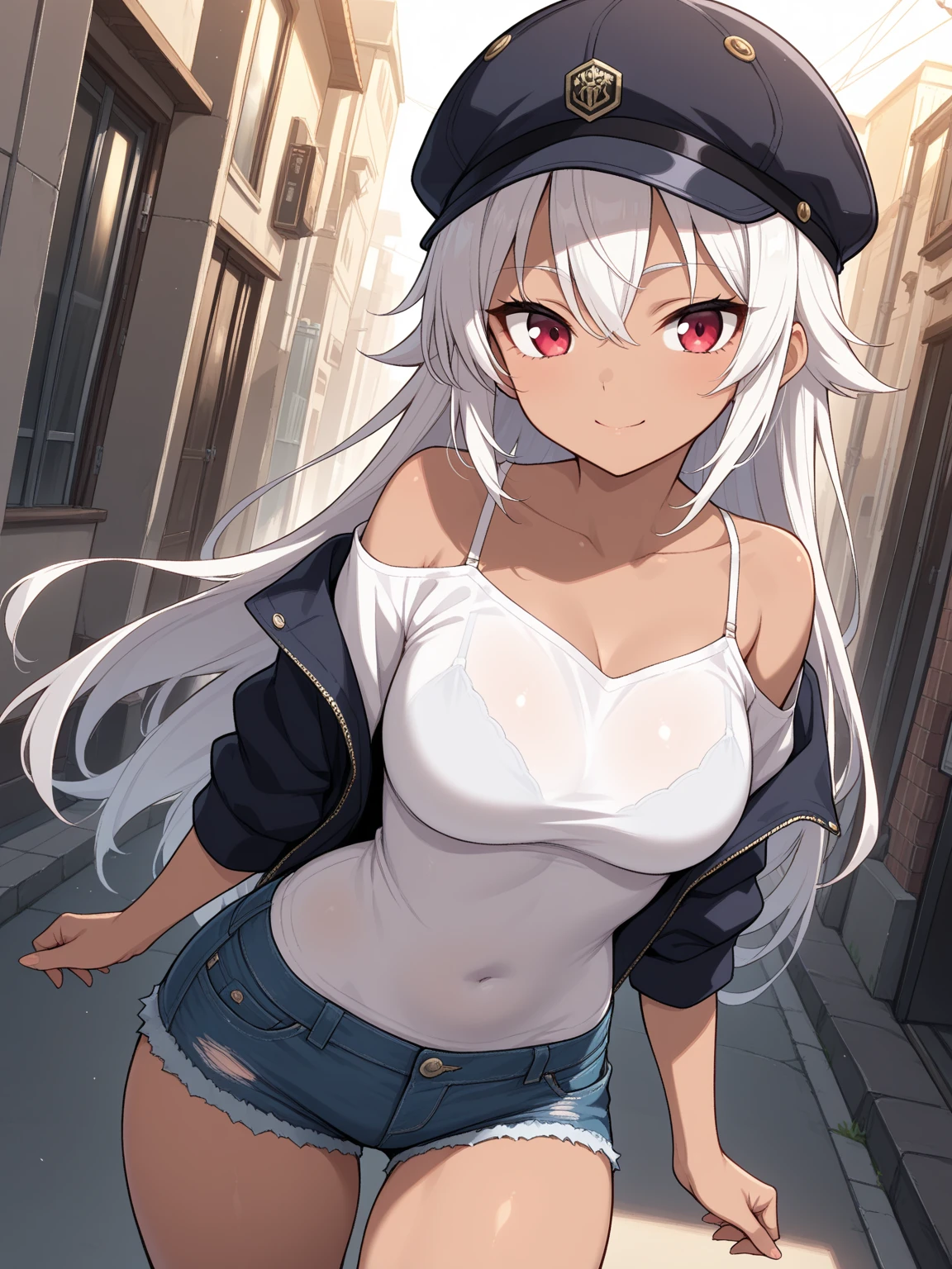 (masterpiece、top-quality、detaileds)、master piece、High resolution、ultra-detailliert、1 girl in、Bring out your forehead、Longhaire、white hair、独奏、Urban area in the background、Golden eyes、Pretty eyes、The upper part of the body、facing front、Body Up、perspiring、deadpan、Piercing gaze、red blush、Clean fingers、Plain clothe、Dressing、Exposing the chest、teats、NSFW