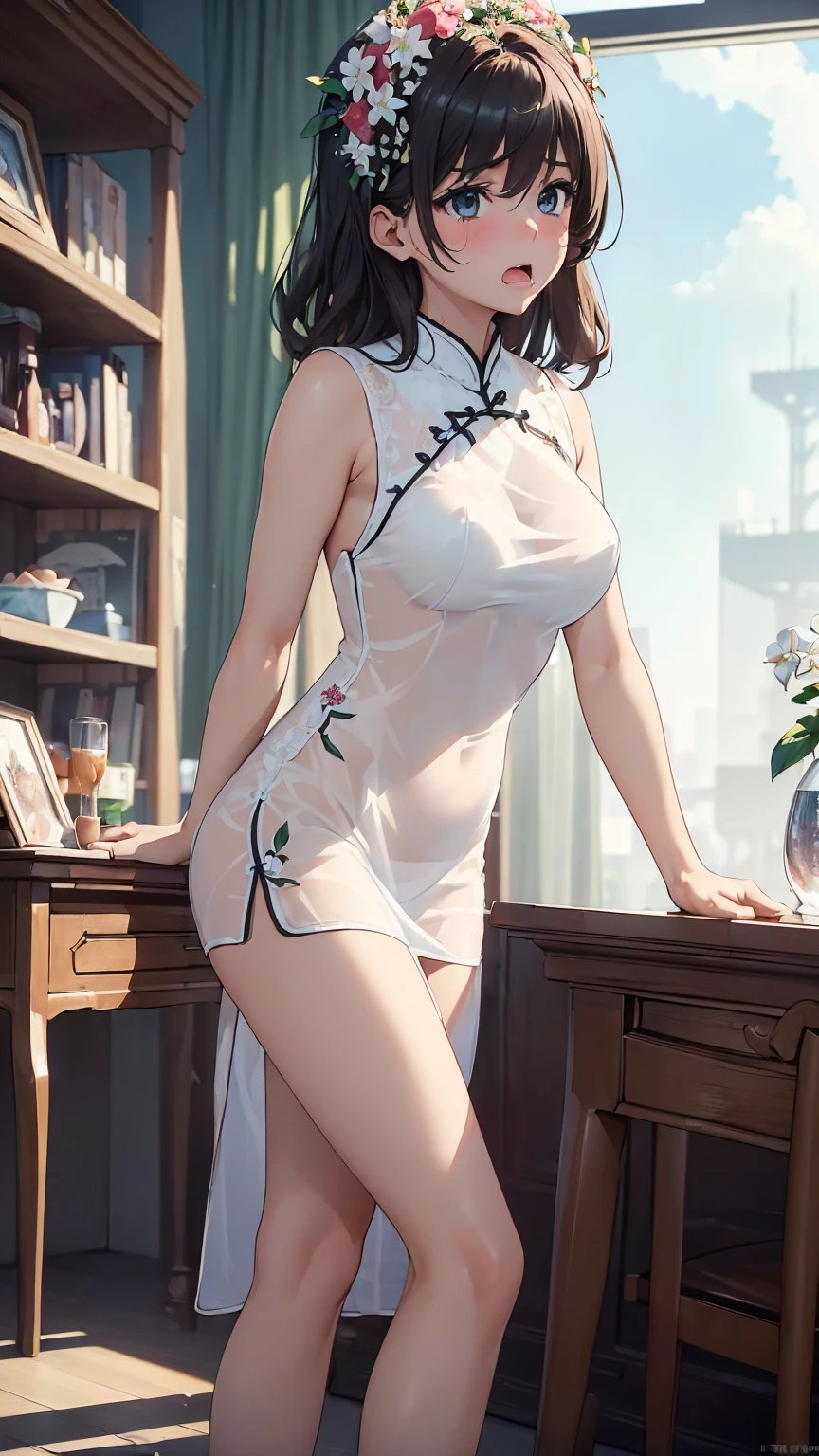 (Magazine Cover:1.8)、(Lie on your back and spread your legs)、 pretty 1girl, top-quality、The ultra -The high-definition、hight resolution、extremely details CG、8K Unit Wallpapers、、Beautiful detailed eyes,(((sound、Hotel window with night view、qipao dress)))、(a wet body:1.4)、(Oil skin、wetted skin、Shiny body,:1.6)、 Sweat,be shy、(Ahegao:1.5)、(put out the tongue)、full of shyness、