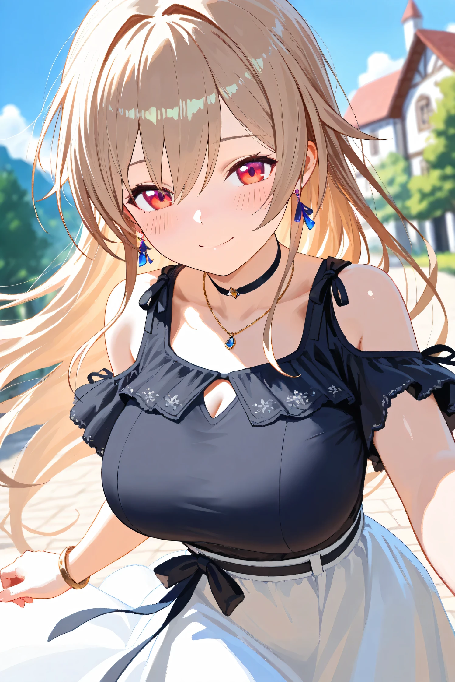 Very delicate,
beautiful girl,
break,
8k,
Highest quality,
masterpiece,
Super adopted,
Super detailed girls,
Ultra-fine illustrations,
break,
Active Pause,
Outdoor,
Shiny,
bright,
Rim Light,
break,
One girl,
alone,
Junior,
Perfect female body,
low length,
Brown Hair,
short hair,
Big Hair,
Fluffy hair,
Air Van,
Long bangs between the eyes,
Round face,
blue eyes,
(smile:0.8),
Large Breasts,
Exposing shoulders,
Bare thighs,
Belly button,
break,
Black innerwear,
Indigo outerwear,
beret,
strapless cropped tube top,
Open off-shoulder cardigan,
pleated micro mini skirt,
Thigh-high socks,