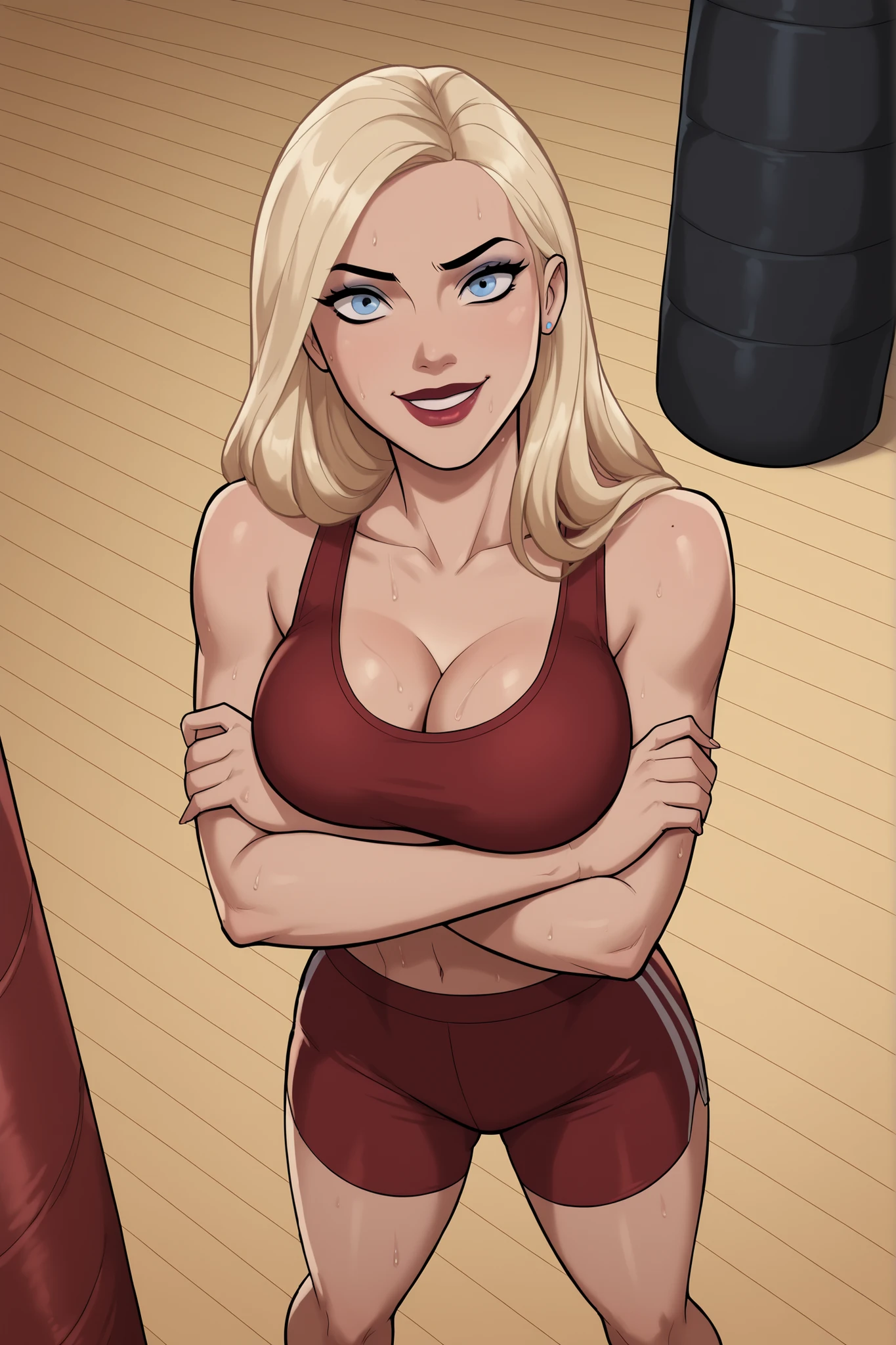 BREAK, safe_pos, score_9, score_8_up,score_7_up, score_6_up, 1girl, solo, blonde hair, long hair, blue eyes, large breasts, smile, closed mouth, makeup, lipstick, standing, looking at viewer, cleavage, curvy, athletic, arms crossed, crossed arms, happy expression, indoors, gym, punching bag, blue racerback sports bra, red spandex shorts, high-angle view, sweaty, sweat drops