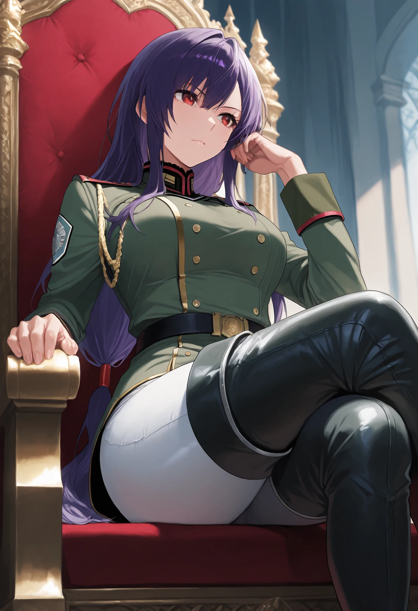 score9_up, score8_up, score7_up, solo, alone, masterpiece, best quality, defTif, red eyes, purple hair, low-tied long hair, green military uniform, white tight pants, black thigh boots, outfit with gold trim , sitting on throne, crossed legs, very beautiful