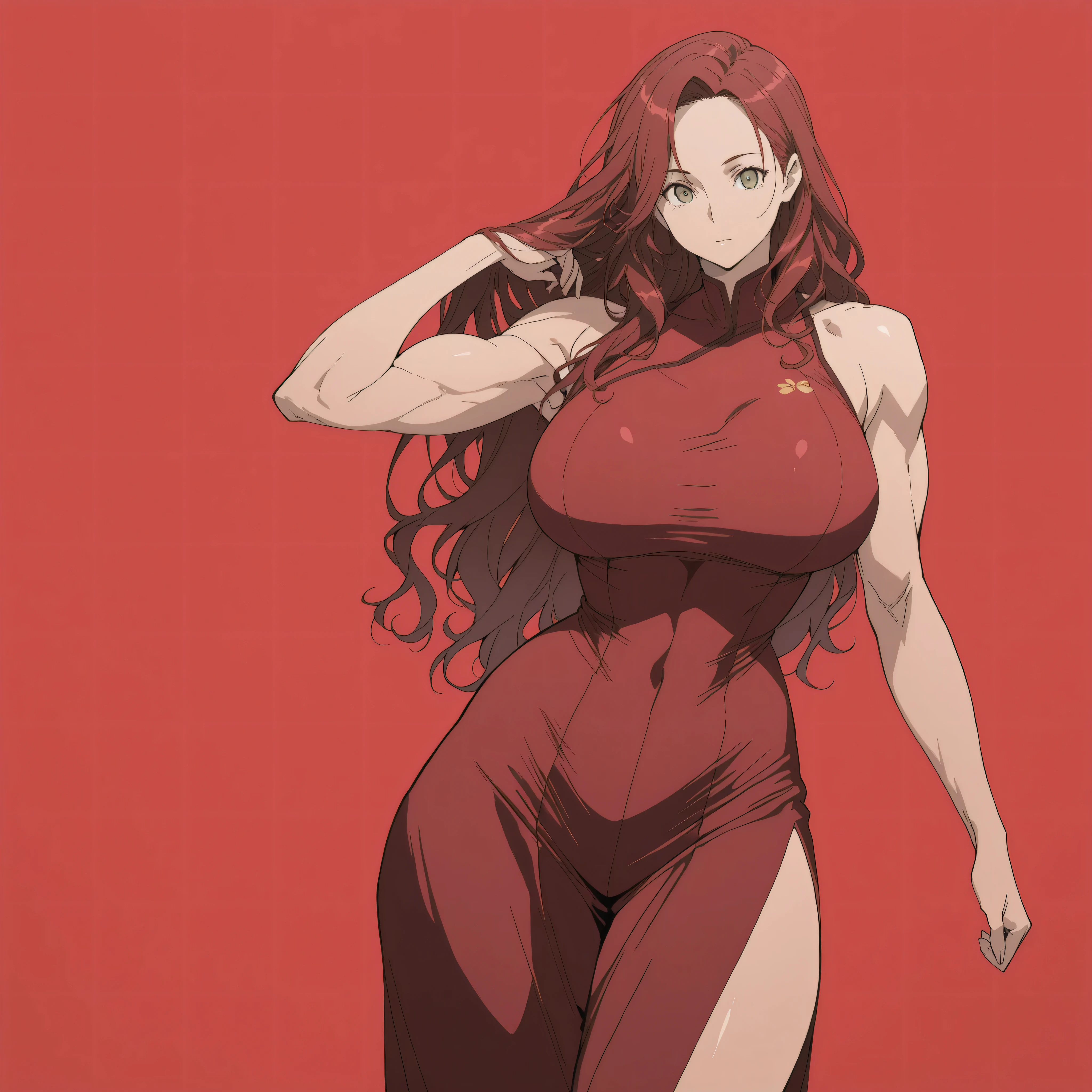 Her hair is long, thick, and red. It is naturally wavy. Her eyes are green. Her body: She has an athletic body, with prominent muscles and a feminine appearance. Her waist is slim, her hips are full, and her breasts are large, making her look strong and beautiful at the same time. Red Arab clothing