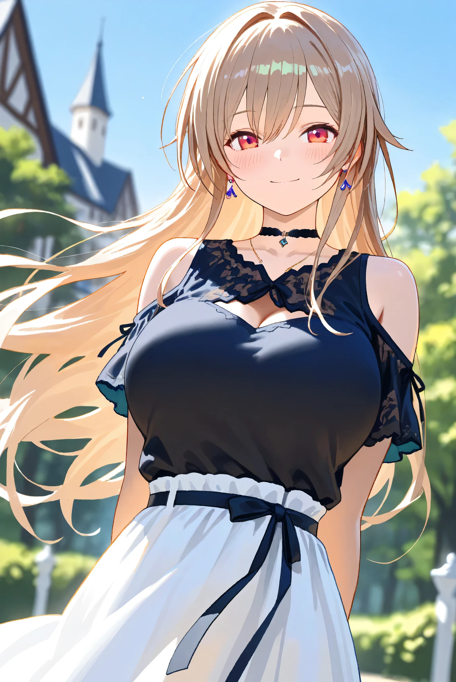 (Masterpiece), (Highest quality), (Very detailed),
(The best shape), (Best Shadow), (Absurd),
(Detailed background), (So beautiful), Shiny ,
Extraordinary, Countershading, 8k, 32K, High resolution, Beautiful eyes in every detail,
Very Detailed CG, UHD,
Score_9, Score_8_up, Score_7_up, Source_anime,
(Pastel painting:1.2), (Watercolor painting:1.2),
(Masterpiece, Detailed:1.2), (Foreshortening:1.2),
Cinematic, Dramatic, (Depth of field:1.4),
(Blurry background:1.4), (Realistic background:1.4),
(Foreshortening:1.3),Dynamic angle, 1 girl,
fantasy background, Outdoor, Nature, Wind, blue sky,
fantasy buildings,
Furen E Lustario,
Nijisanji, virtual youtuber,
frnel, very long hair, blonde hair, brown hair, bangs, red eyes, hair between eyes, large breasts,
casual wear, black shirt, ribbon tie, clothing cutout, shoulder cutout, black choker, bare shoulders, long skirt, white skirt, jewelry, (Purple earrings:1.1), necklace, bracelet,
portrait, focus on face, close up,
(Blush:1.3), smile, happy,
arms behind back,
Realistic skin, Shiny skin,