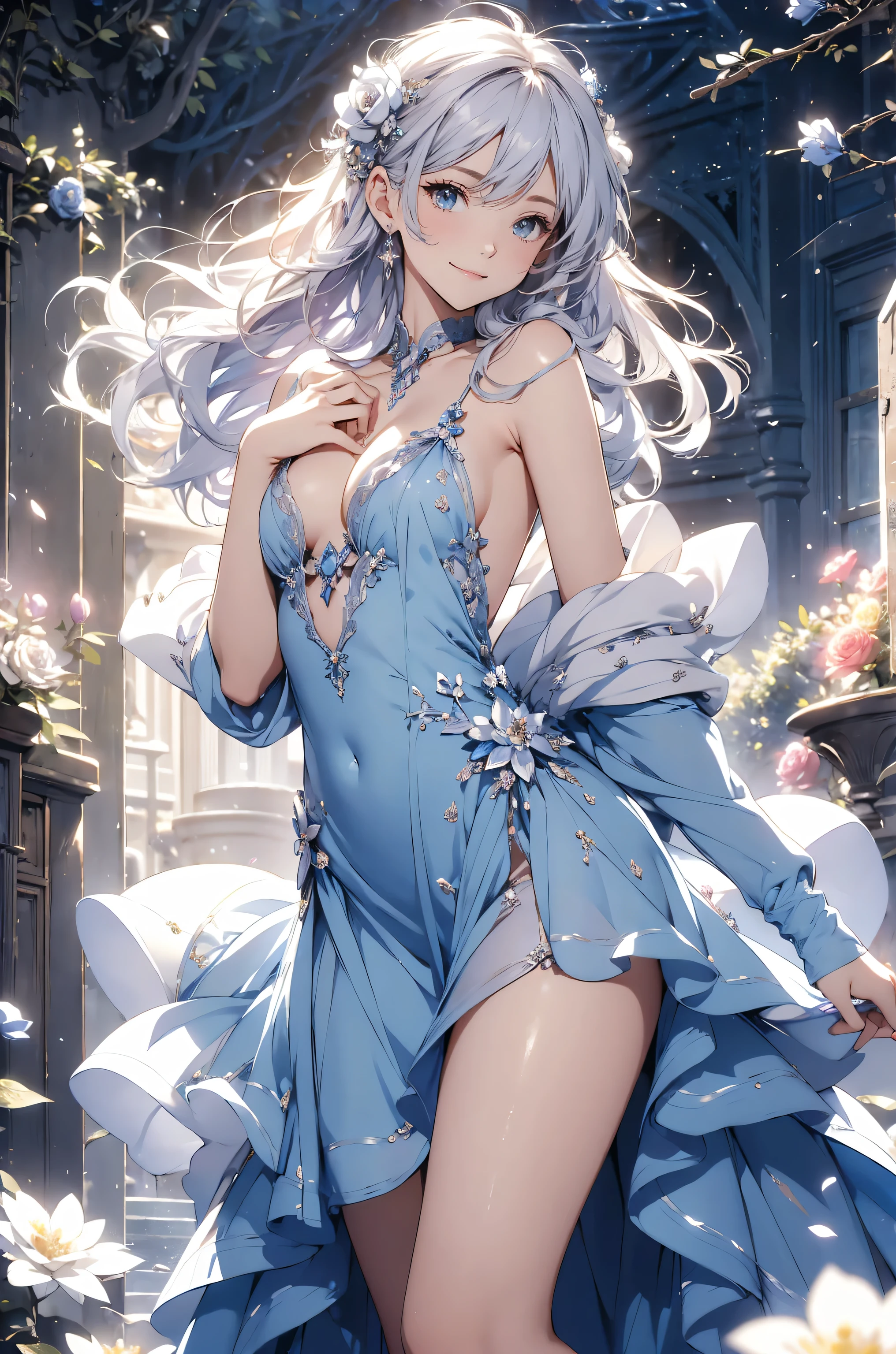 best quality, Super Fine, 16K, Ridiculous, Extremely detailed, 2.5D, Delicate and dynamic, Cute and beautiful princess, Hairstyle, Attractive appearance, Excellent body proportions, Wearing a beautiful princess dress,There are many transparent and translucent rainbow-colored flowers on it., Accessories, Dance, (Motion blur, Motion Blur, Speed Lines: 0.5), wind, wind effect, glitter effects, background, Palace Banquet Hall