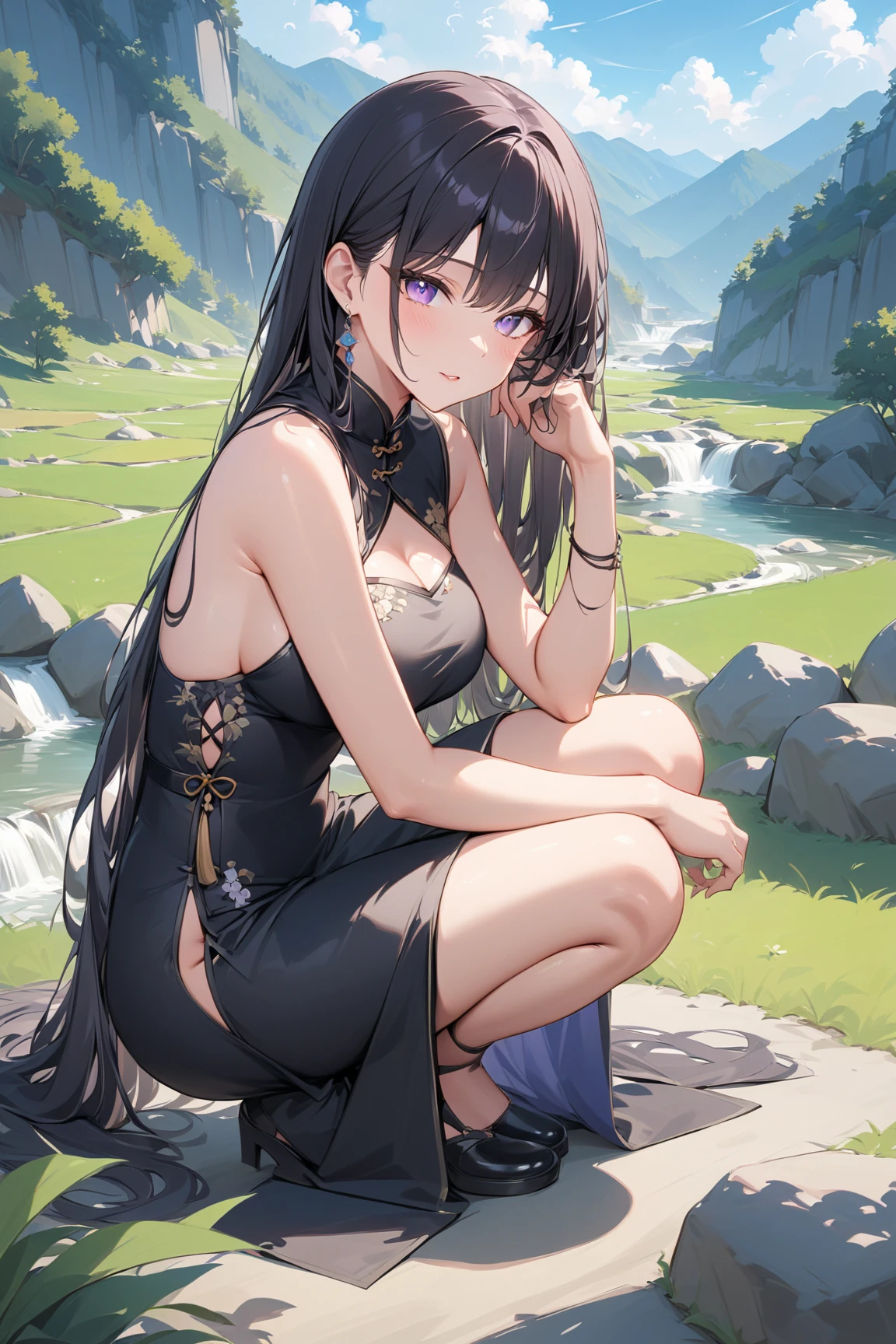 ローアングルFull Body Shot1.4、（Pitch Black Night、moonlight、Black Sky、Distant Mountain々々You can see a wide meadow、Lots of petals、Hair blowing in the wind）（（（Yellow and black dress、High heels）））、（（（Full Body Shot、Saints praying to the moon）））（（（Japanese women, 18-year-old、Small face 1.4、、Blunt bangs、length、Straight hair、Black-haired、Five Fingers、Full body photo 1.4）））、（Small ear-shaped arms and legs、Waist circumference、Detailed skin with blood vessels showing through、Beautiful skin shining with sweat、Detailed skin with visible pores、Realistic, Detailed skin of downy hair、リアルでDetailed skin、Highly detailed and beautiful face、Beautiful and well-proportioned face、Very cute face、Darkening of the armpits、Detailed skin）