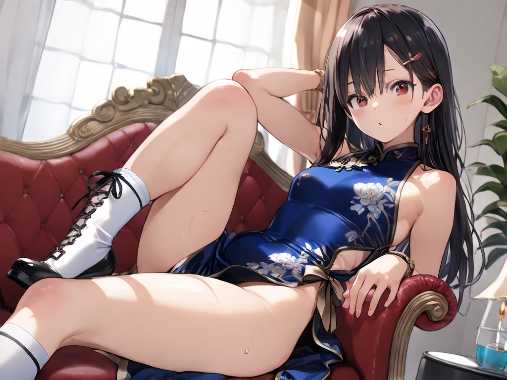 (((8K, masterpiece, best quality, ultra detailed))), HDR, lens flare, particles, chinese gorgeous royal style, A princess on a throne in a palace, (composition close to her), (perfect anatomy), spread legs, lift up skirt, show off panty, ((detailed tight short cheongsam, detailed kawaii anime face, detailed smooth legs skin, detailed eyes, detailed sexy panty, detailed hair)), large breasts, many large presence accessaries, stiletto heel, tiara, hair ornaments, earrings, bracelets, anklets, trinkets, smoky makeup, eyeshadow, heavy makeup,