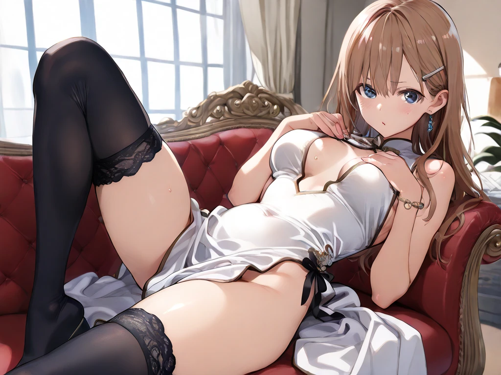Violet Evergarden,masutepiece, Best Quality, 1girl in, Solo, Blonde hair, Blue eyes, hair between eye, Looking at Viewer, bow ribbon, Red Ribbon, braid, Hair Ribbon, Jewelry, Bangs, indoor, bedroom settings, brooches, Hair intake, Anime coloring, Closed mouth, Portrait, Dayglass、red blush:0.2, (Saliva), ((Touch)), Cinematic Lighting, girl with slim body, small breasts, lying on the bed. Slim and skinny body, Hands holding her Thigh, mating, cowgirl pose, open legs, spread legs, spread pubic, White fluid around the pubic, nipples, areola nipples, Armpit, pubic hair, extremely details CG, ( Perfect Anatomy),living、extremely details CG, ( Perfect Anatomy),A sense of life.
