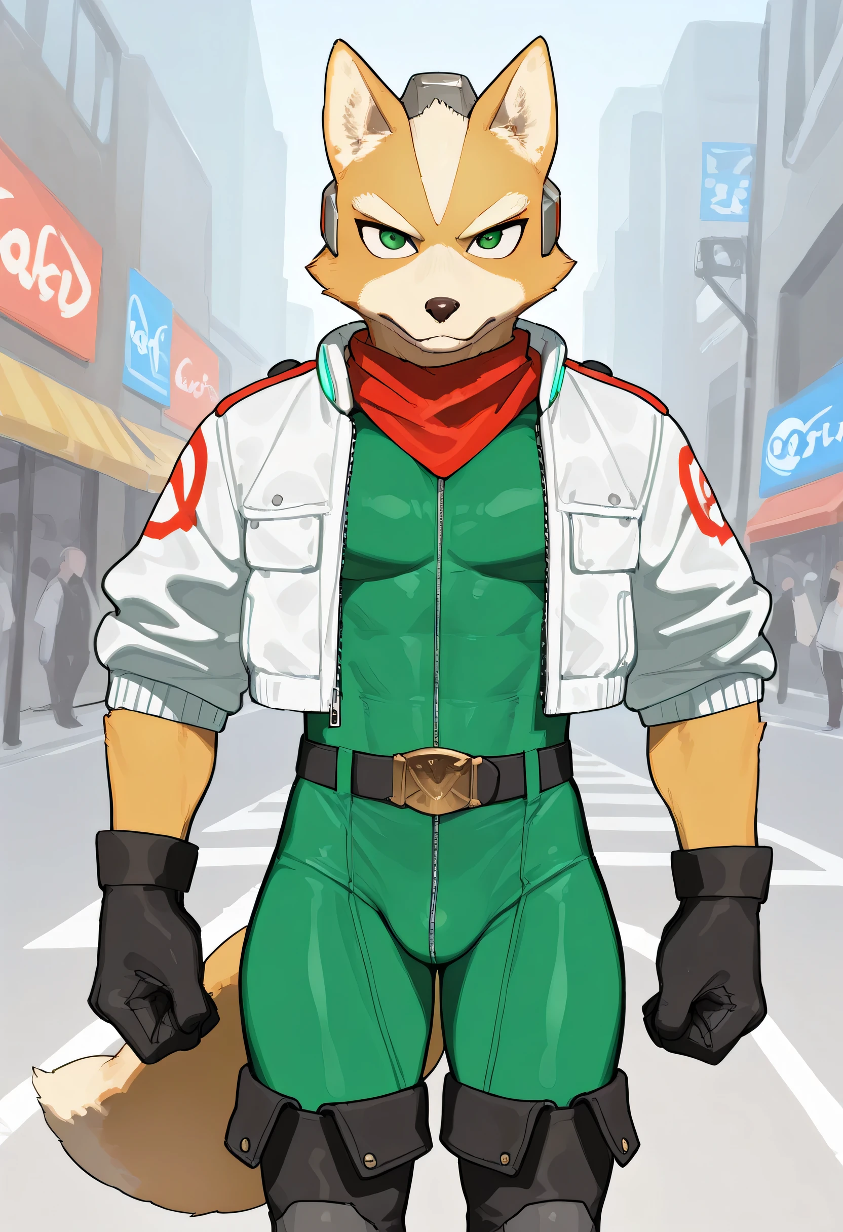 soft shading, 4k, hi res, detailed face, detailed, Best quality, masterpiece, detailed anatomy, detailed eyes, perfect shading, solo male, by Bebebebe, by Buta99, Fox mccloud, yellow fur, tail, green eyes, lean muscle, green bodysuit, black belt, white jacket, red neckchief, high thigh boots, in the city
