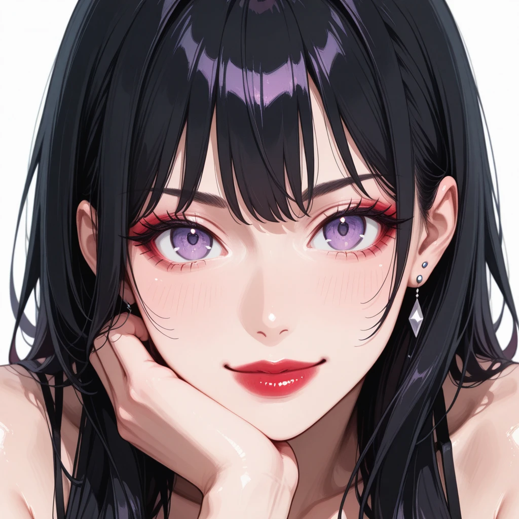 manhwa-artstyle, 1girl, solo, long hair, looking at viewer, smile, black hair, bare shoulders, purple eyes, upper body, white bra ,black jacket, leather pant,Perfect Hands, ponytail, lips piercing,ear piercing , tattoo,