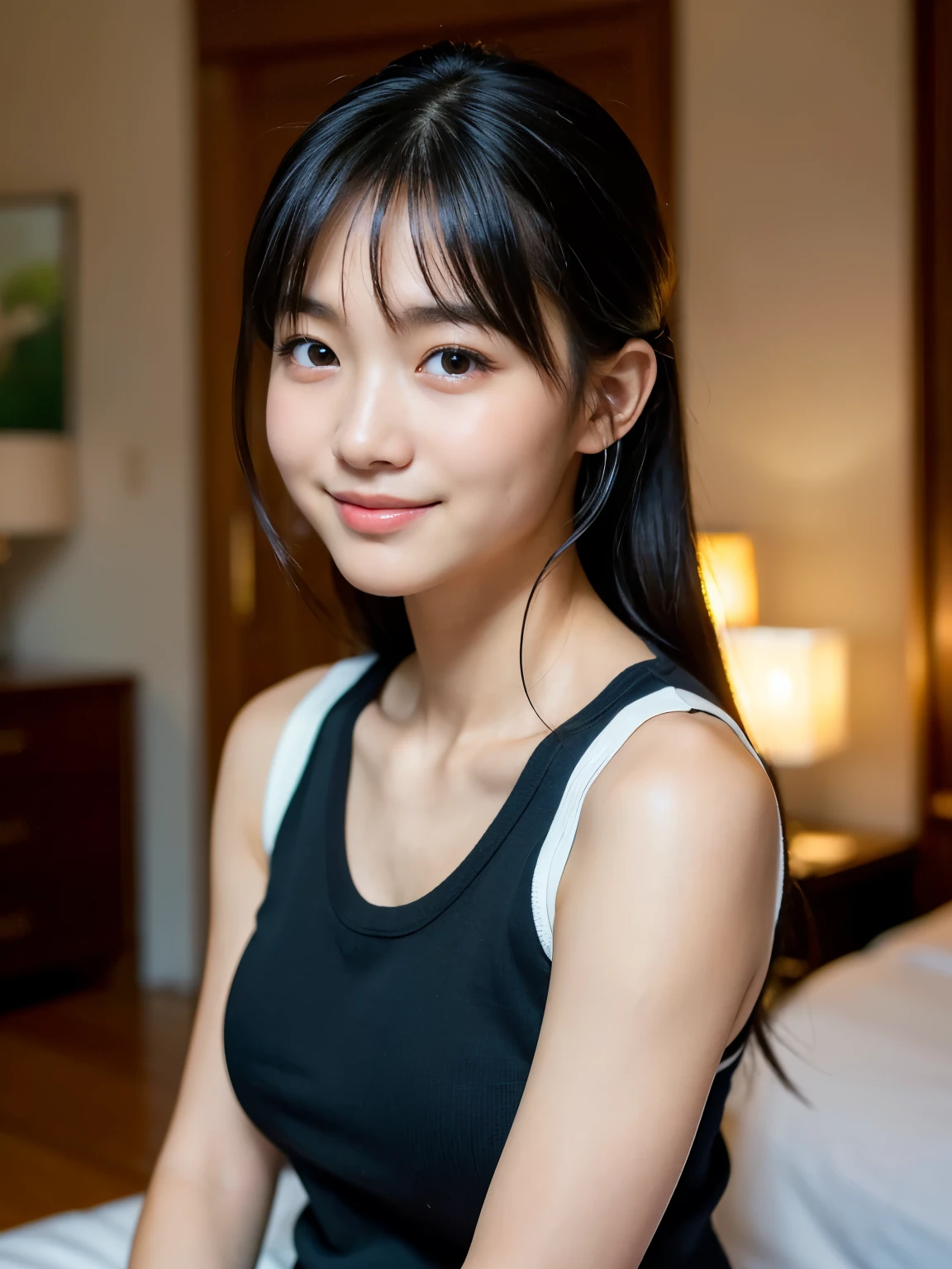 (Best-quality, Masterpiece, Ultra-High-Resolution, (Photorealistic:1.4), Raw Photo, depth of field, professional lighting, perfect anatomy, extremely details), 1girl, 12-years-old, the most famous Japanese idol, (wearing shorts, sleeveless shirt), (((extremely cute and extremely big black-eyes, extremely cute long-eyelashes))), (((extremely beautiful and extremely realistic skins))), ((extremely cute face like the most popular Japanese idol, extremely cute lips)), (((innocent smile)))