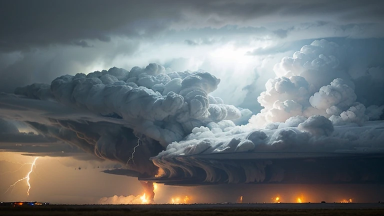 Nuclear explosion in the distance from a dilapideted city, dramatic, epic, dark colors, dark clouds, lightning