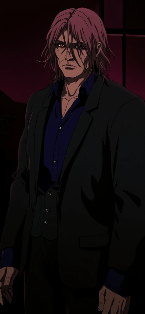 An anime-style secret agent standing on a deserted pier at night, under the dim glow of streetlights reflecting on the water. His face is severely scarred, a testament to past battles. He holds a cigarette between his fingers, smoke curling around him, while his sharp suit contrasts against the moody nighttime scene. The atmosphere is gritty, with distant city lights faintly visible behind him.