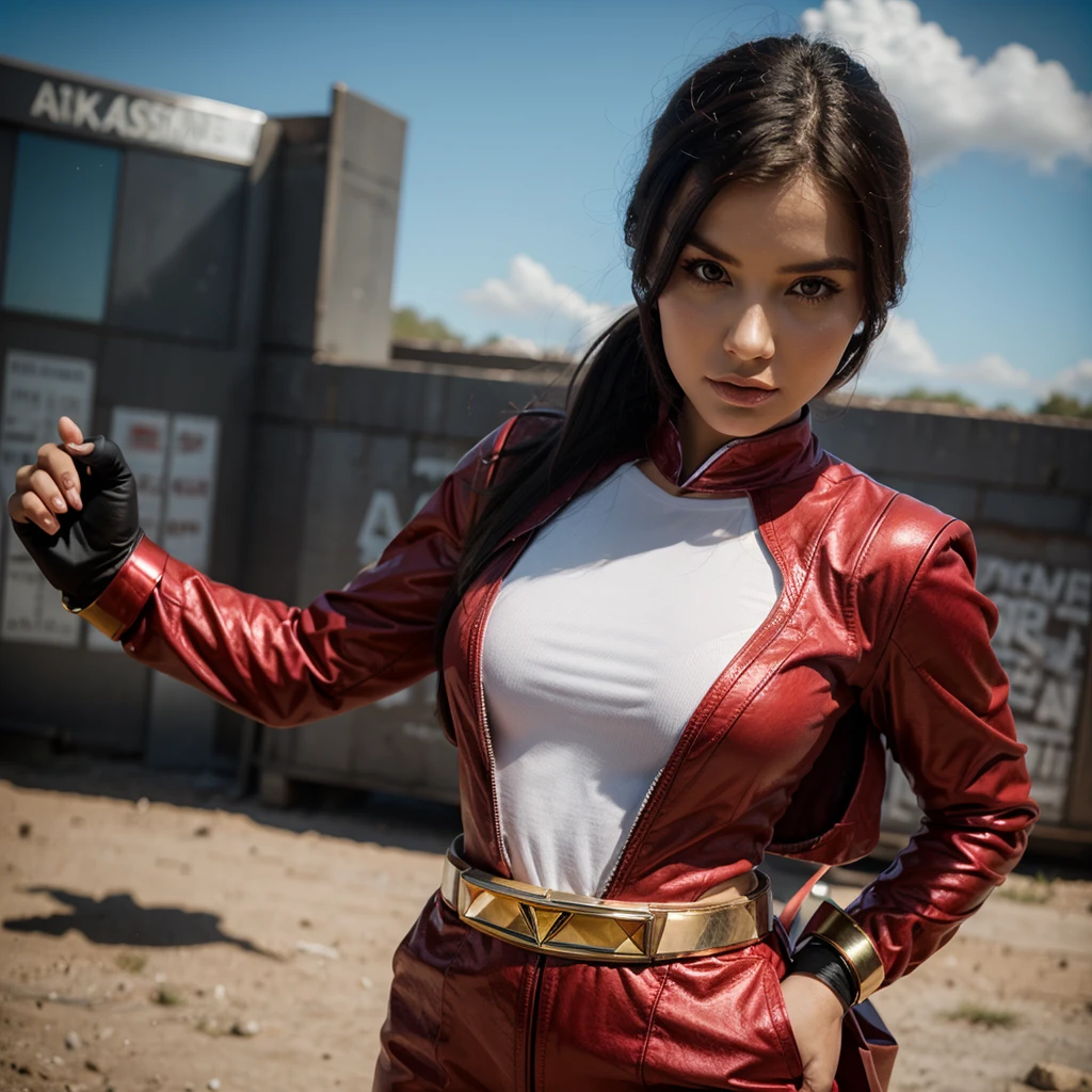 Power ranger girl who wears red miniskirt with black belt. in Yangon. Weather is windy. Infront of Thanlyin bridge. Sexy pose.