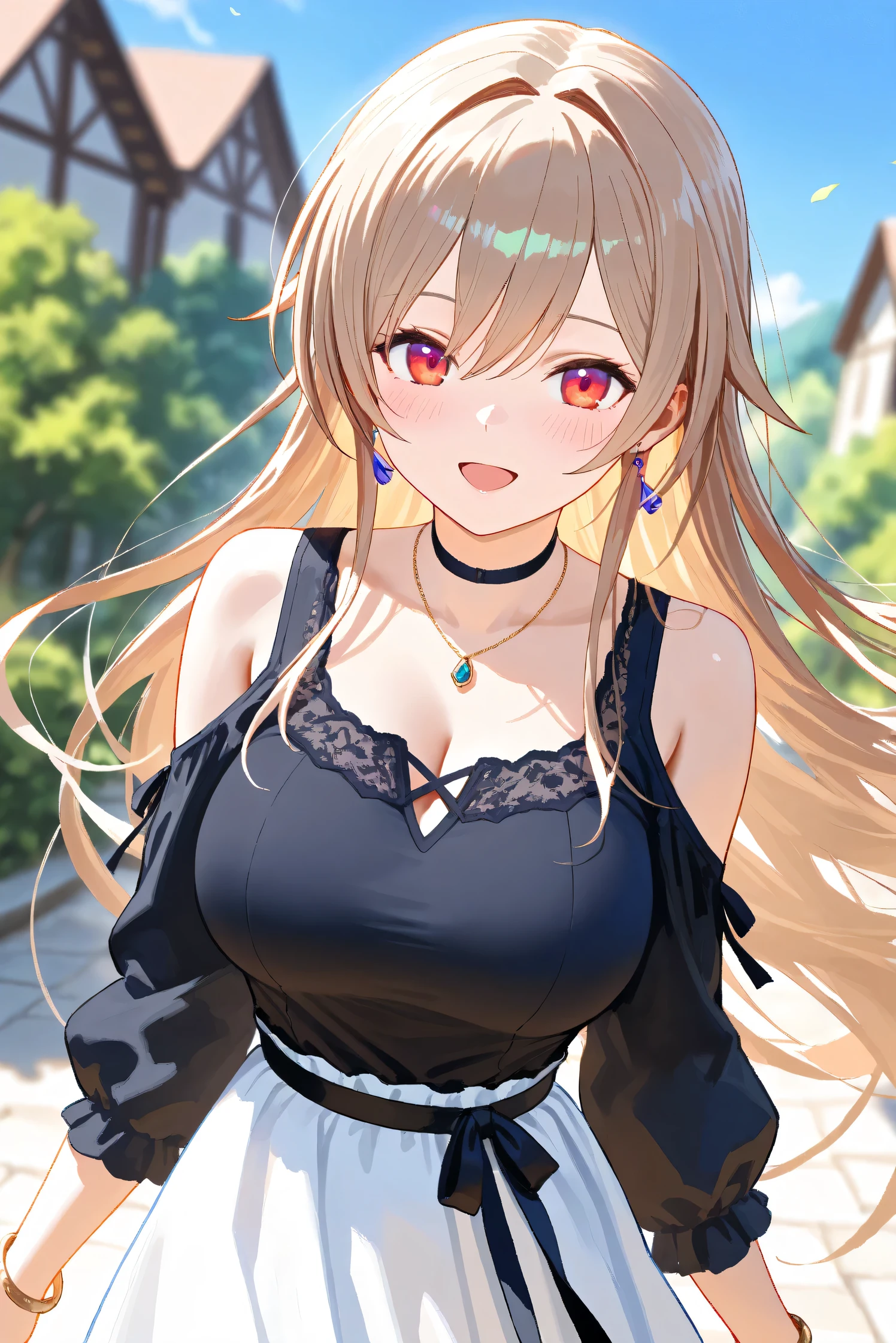 (Masterpiece), (Highest quality), (Very detailed),
(The best shape), (Best Shadow), (Absurd),
(Detailed background), (So beautiful), Shiny ,
Extraordinary, Countershading, 8k, 32K, High resolution, Beautiful eyes in every detail,
Very Detailed CG, UHD,
Score_9, Score_8_up, Score_7_up, Source_anime,
(Pastel painting:1.2), (Watercolor painting:1.2),
(Masterpiece, Detailed:1.2), (Foreshortening:1.2),
Cinematic, Dramatic, (Depth of field:1.4),
(Blurry background:1.4), (Realistic background:1.4),
(Foreshortening:1.3),Dynamic angle, 1 girl,
fantasy background, Outdoor, Nature, Wind, blue sky,
fantasy buildings,
Furen E Lustario,
Nijisanji, virtual youtuber,
frnel, very long hair, blonde hair, brown hair, bangs, red eyes, hair between eyes, large breasts,
casual wear, black shirt, ribbon tie, clothing cutout, shoulder cutout, black choker, bare shoulders, long skirt, white skirt, jewelry, (Purple earrings:1.1), necklace, bracelet,
portrait, focus on face, close up,
(Blush:1.3), happy, open mouth, talking to viewer,
Realistic skin, Shiny skin,