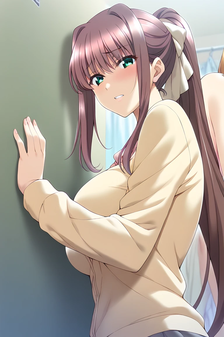1girl, solo, long hair, looking at viewer, :d, open mouth, large breasts, brown hair, hair ornament, dress, green eyes, scrunchie, own hands together, pink dress, hair over shoulder, hair scrunchie, empty eyes, mature female, nightgown, low ponytail