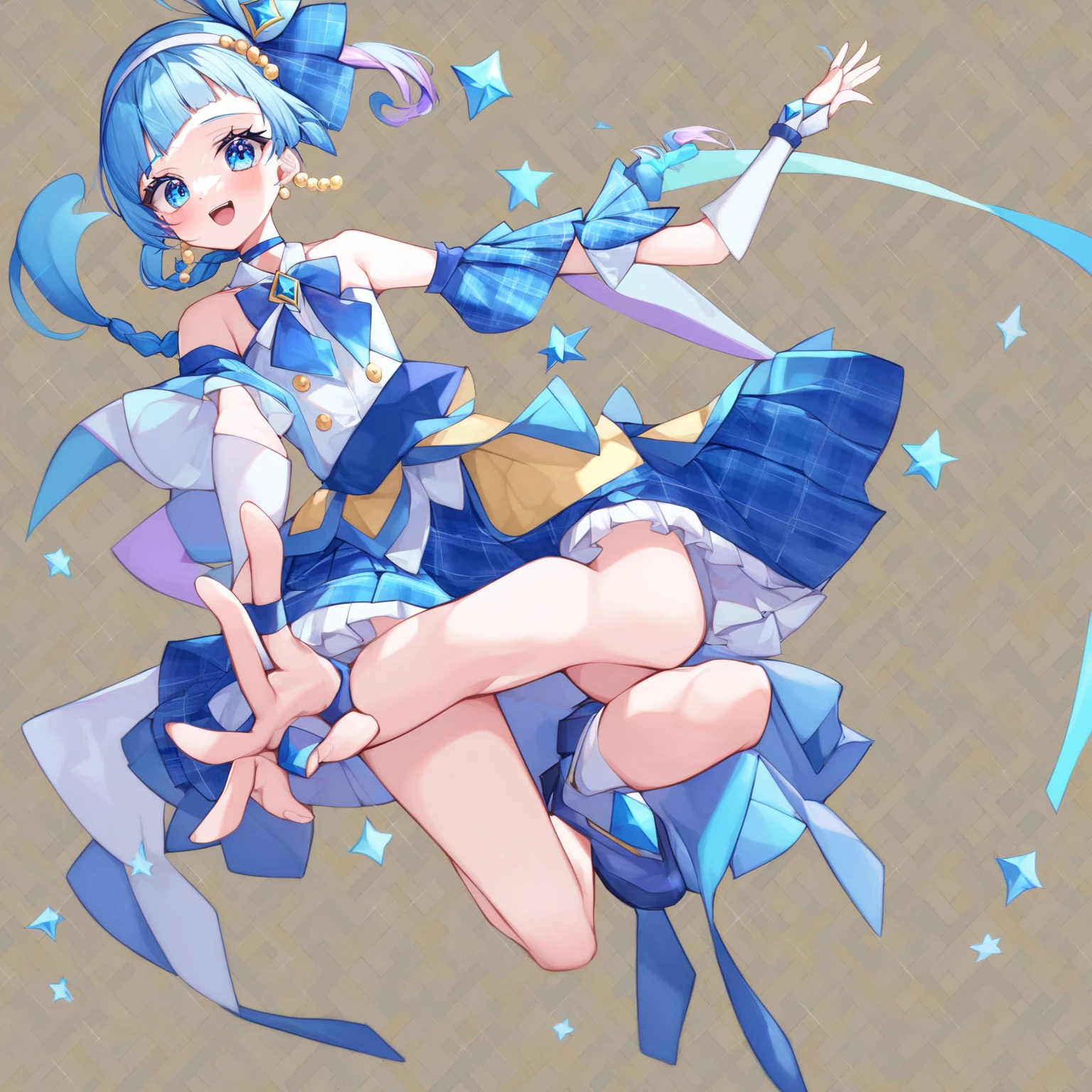 No sleeve,Armpit Show,Tabletop, Highest quality, View your viewers, Depth of written boundary, walk, smile,One Girl, Cure Berry, Pretty Cure, Wrist cuff, Blue Skirt, Side Ponytail, Blue Boots, Precious stones, hair band, Navy thighs, belly button, Blue Ribbon,