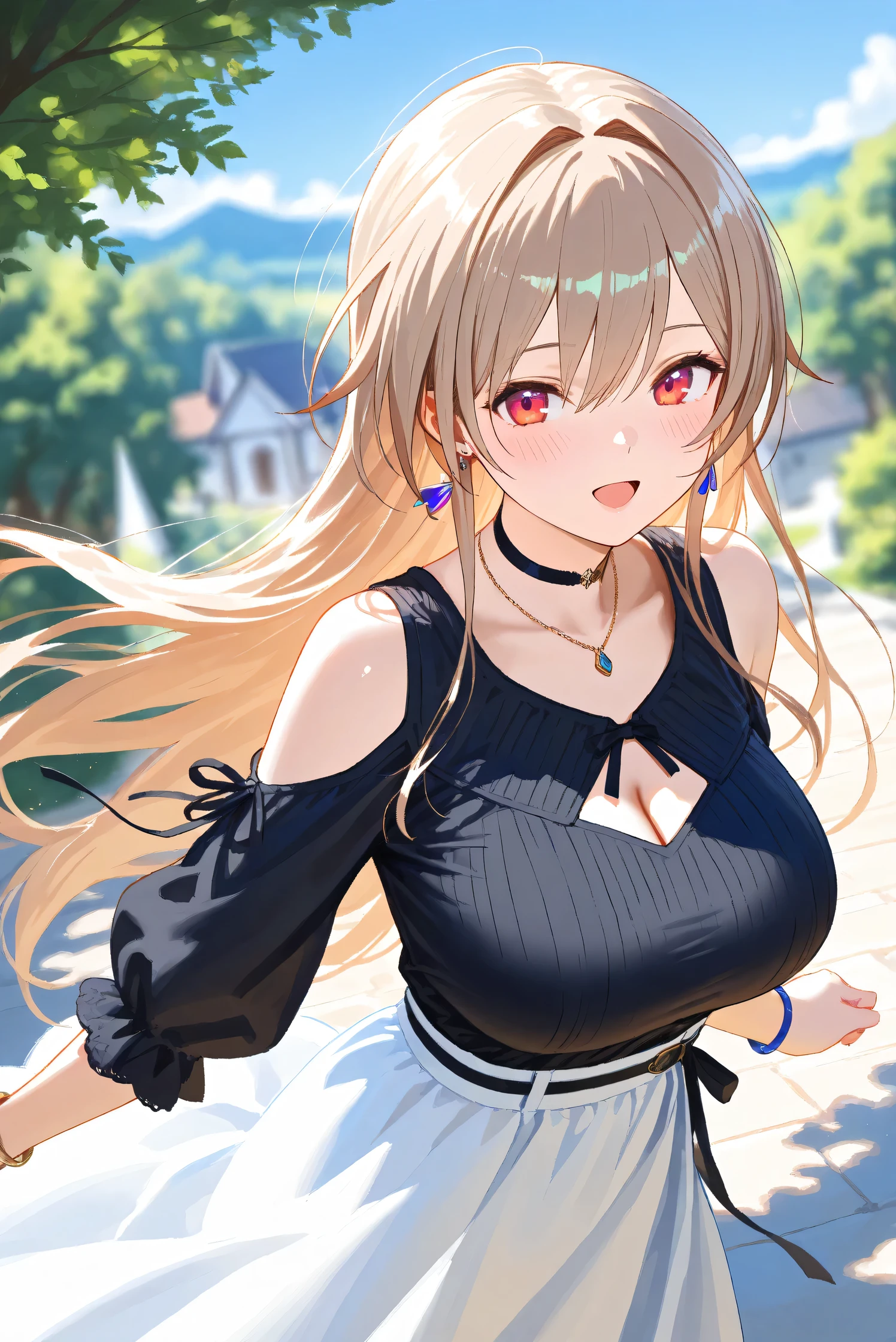 (Masterpiece), (Highest quality), (Very detailed),
(The best shape), (Best Shadow), (Absurd),
(Detailed background), (So beautiful), Shiny ,
Extraordinary, Countershading, 8k, 32K, High resolution, Beautiful eyes in every detail,
Very Detailed CG, UHD,
Score_9, Score_8_up, Score_7_up, Source_anime,
(Pastel painting:1.2), (Watercolor painting:1.2),
(Masterpiece, Detailed:1.2), (Foreshortening:1.2),
Cinematic, Dramatic, (Depth of field:1.4),
(Blurry background:1.4), (Realistic background:1.4),
(Foreshortening:1.3),Dynamic angle, 1 girl,
fantasy background, Outdoor, Nature, Wind, blue sky,
fantasy buildings,
from above,
Furen E Lustario,
Nijisanji, virtual youtuber,
frnel, very long hair, blonde hair, brown hair, bangs, red eyes, hair between eyes, large breasts,
casual wear, black shirt, ribbon tie, clothing cutout, shoulder cutout, black choker, bare shoulders, long skirt, white skirt, jewelry, (Purple earrings:1.1), necklace, bracelet,
portrait, focus on face, close up,
(Blush:1.3), happy, open mouth, talking to viewer,
Realistic skin, Shiny skin,