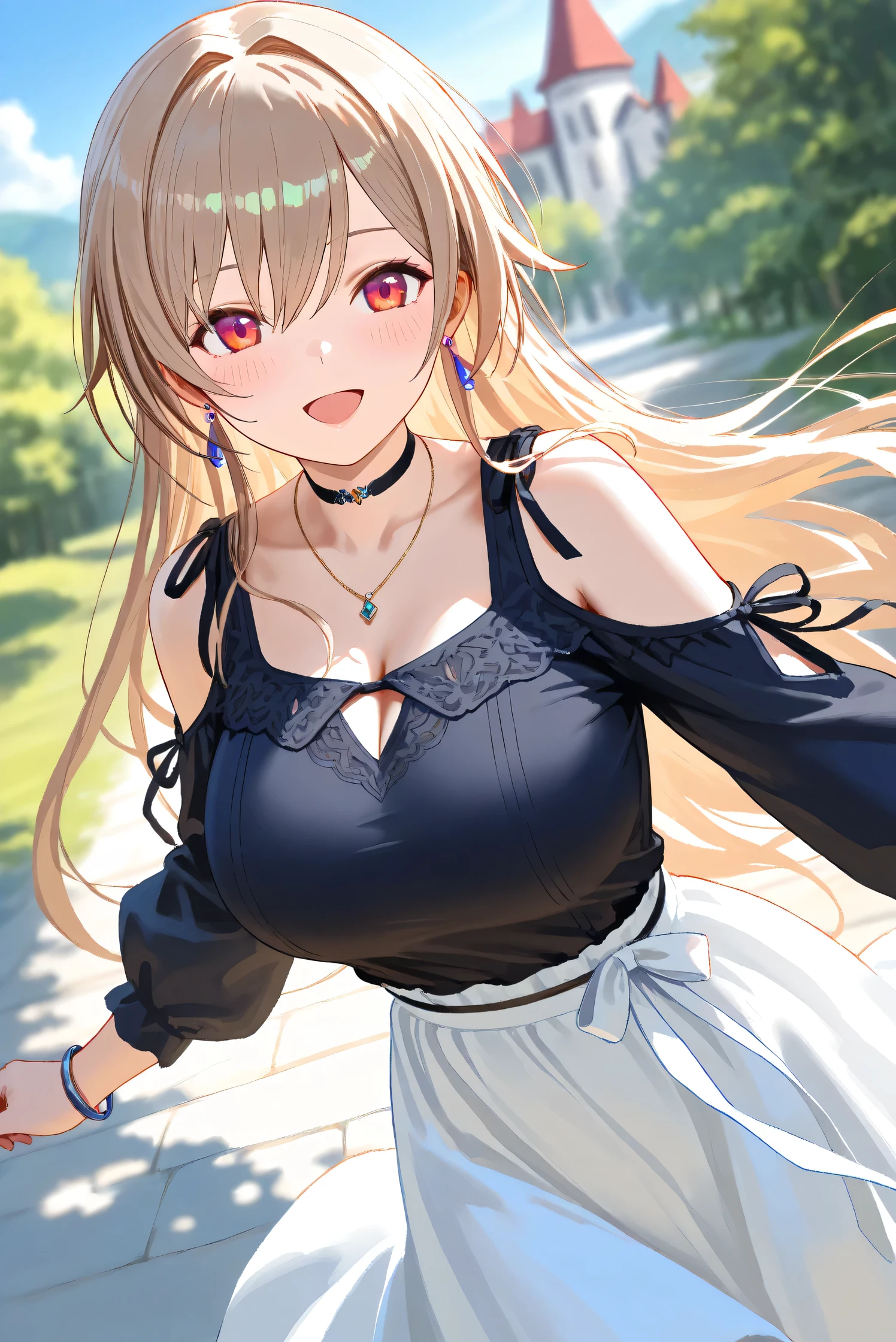 (Masterpiece), (Highest quality), (Very detailed),
(The best shape), (Best Shadow), (Absurd),
(Detailed background), (So beautiful), Shiny ,
Extraordinary, Countershading, 8k, 32K, High resolution, Beautiful eyes in every detail,
Very Detailed CG, UHD,
Score_9, Score_8_up, Score_7_up, Source_anime,
(Pastel painting:1.2), (Watercolor painting:1.2),
(Masterpiece, Detailed:1.2), (Foreshortening:1.2),
Cinematic, Dramatic, (Depth of field:1.4),
(Blurry background:1.4), (Realistic background:1.4),
(Foreshortening:1.3),Dynamic angle, 1 girl,
fantasy background, Outdoor, Nature, Wind, blue sky,
fantasy buildings,
from above,
Furen E Lustario,
Nijisanji, virtual youtuber,
frnel, very long hair, blonde hair, brown hair, bangs, red eyes, hair between eyes, large breasts,
casual wear, black shirt, ribbon tie, clothing cutout, shoulder cutout, black choker, bare shoulders, long skirt, white skirt, jewelry, (Purple earrings:1.1), necklace, bracelet,
portrait, focus on face, close up,
(Blush:1.3), happy, open mouth, talking to viewer,
Realistic skin, Shiny skin,