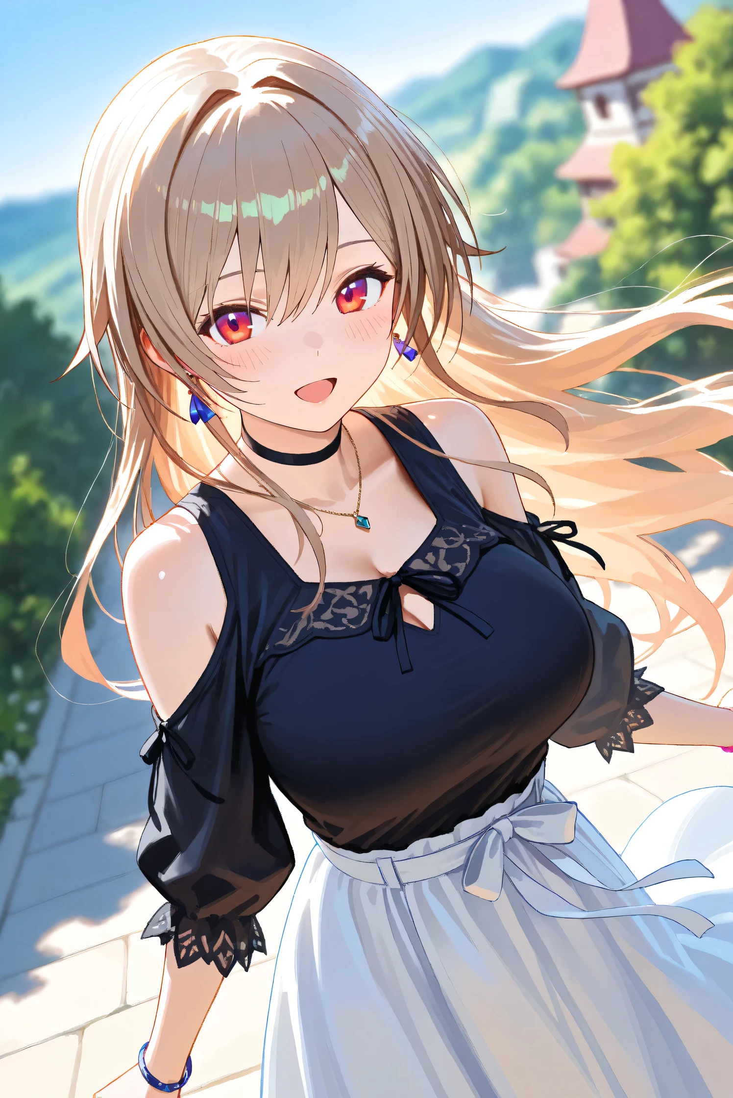 (Masterpiece), (Highest quality), (Very detailed),
(The best shape), (Best Shadow), (Absurd),
(Detailed background), (So beautiful), Shiny ,
Extraordinary, Countershading, 8k, 32K, High resolution, Beautiful eyes in every detail,
Very Detailed CG, UHD,
Score_9, Score_8_up, Score_7_up, Source_anime,
(Pastel painting:1.2), (Watercolor painting:1.2),
(Masterpiece, Detailed:1.2), (Foreshortening:1.2),
Cinematic, Dramatic, (Depth of field:1.4),
(Blurry background:1.4), (Realistic background:1.4),
(Foreshortening:1.3),Dynamic angle, 1 girl,
fantasy background, Outdoor, Nature, Wind, blue sky,
fantasy buildings,
from above,
Furen E Lustario,
Nijisanji, virtual youtuber,
frnel, very long hair, blonde hair, brown hair, bangs, red eyes, hair between eyes, large breasts,
casual wear, black shirt, ribbon tie, clothing cutout, shoulder cutout, black choker, bare shoulders, long skirt, white skirt, jewelry, (Purple earrings:1.1), necklace, bracelet,
portrait, focus on face, close up,
(Blush:1.3), happy, open mouth, talking to viewer,
Realistic skin, Shiny skin,