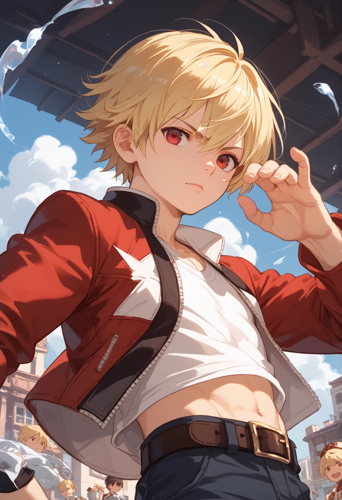 rock howard, blonde hair, red eyes, 1kid, belt, young fighter