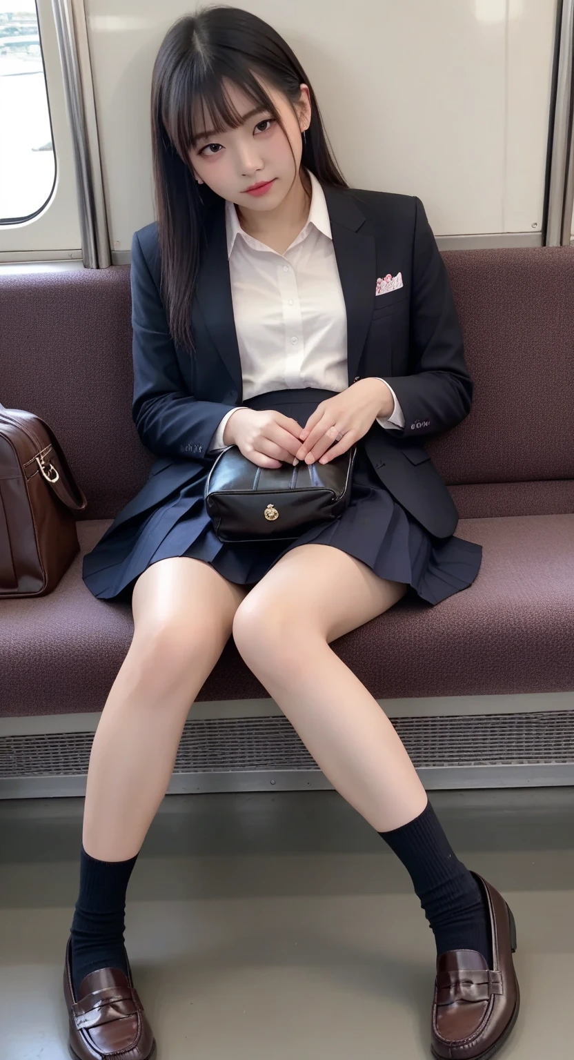 Masterpiece, Highest quality, 16K, raw photo, High resolution, high resolution, 1Girl, 独奏, Adorable,high school girl, Cute Face, (Baby Face), Medium Hair, (School uniforms), (White lace panties), sit in a train seat, Spread your legs wide, Place your arms behind your back
