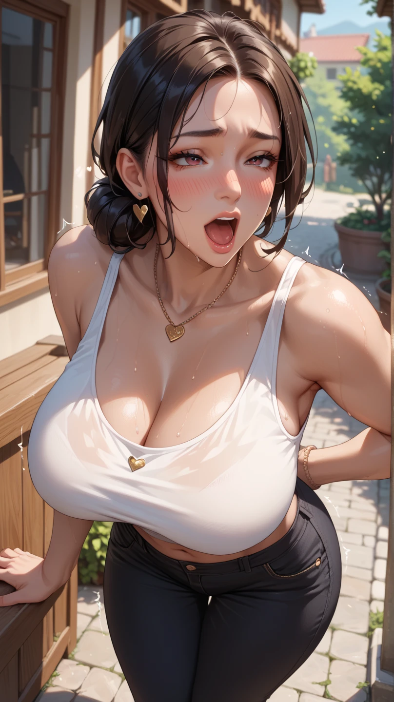 nsfw:0.5, (((HHH))), a precious special eroticism porn scene, Express all her emphasized feelings through her facial expressions and posing,
ultra masterpiece, ultra high quality, spectacle scale, photorealistic:1.3, ultra high resolution, described in ultra fine detail down to the minutiae, sharp, clearly, textured, depth of field, professional composition and lighting, (close-up shot), (from below),
sexy, sensuous, erotic, eros, horny, sexually aroused, craving:1.1, (panting), messy, loose, sticky slimy, (raw), shiny, glaring, (colorful),
flashy high-end courtesan, (looking up and (enraptured:1.1 rapt:1.1 (half-open)) bedroom eyes to downward camera view)),
wearing wrinkled ((vivid (bright color (shiny satin) sexy pajamas dress))), skindentation, Wedgie, erect nipples, itching pussy,
beautiful sexy face, detailed mouth:1.1, detailed too shiny lips:1.1, large firm breasts, Delicious body, oily wet translucent skin, messy loose (updo) with side-swept bangs hair, gold simple necklace earrings,
((blush)), (((sweat))), a little particle sweat drops, (((steam))), ((sigh)), ((((drooling)))), (((((ecstasy))))), ((((orgasm)))), (((ahegao))), ((((cum on body)))),
((blissful:1.5 ecstatic expression:1.1)), oral vagina, Drooling slimy tongue, Give me her special H service that captivates boys, ecstatic attentive escort service energetically, late night when sexual desire increases, Her sexual energy has increased, Anyway she is a very intense pervert,