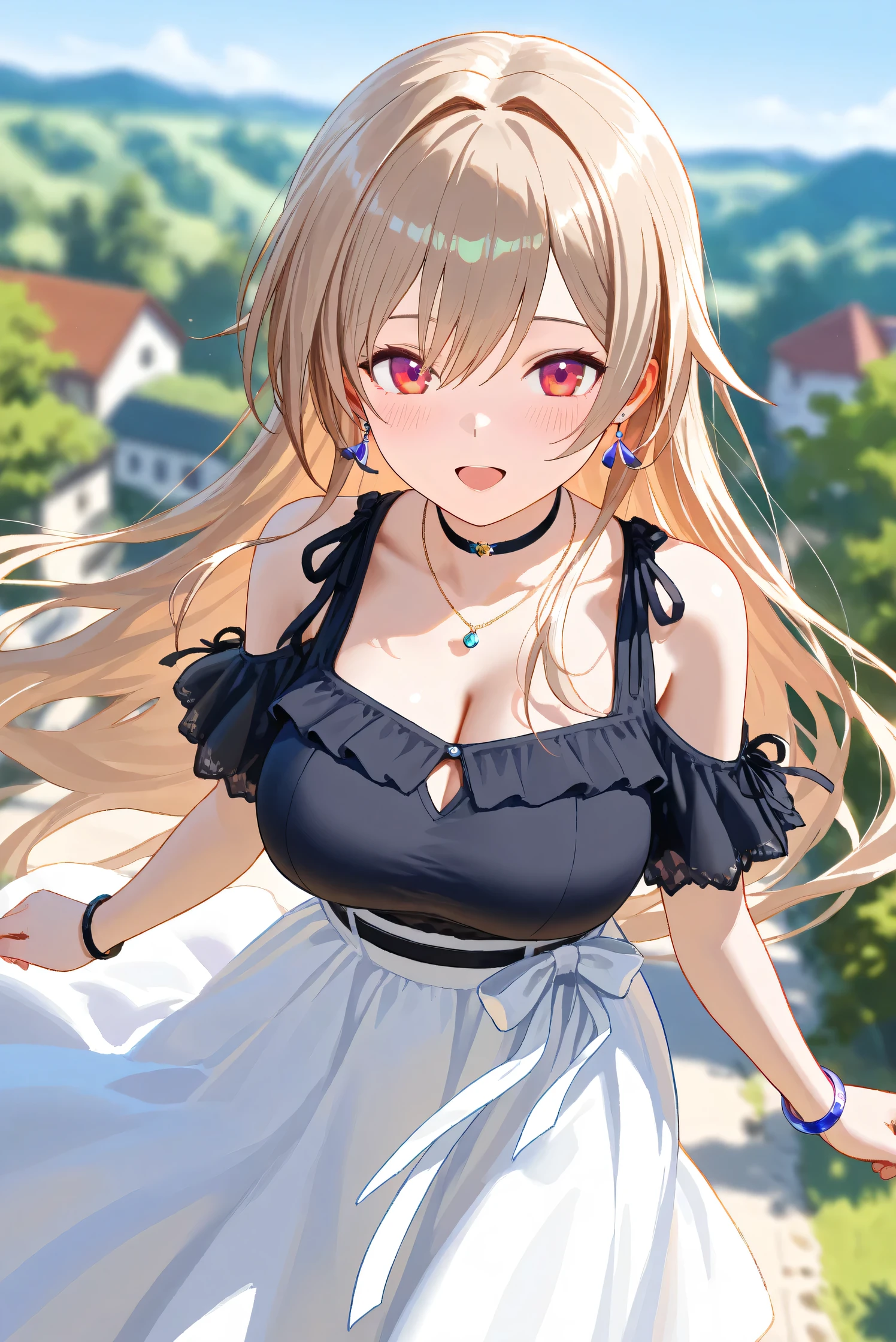 (Masterpiece), (Highest quality), (Very detailed),
(The best shape), (Best Shadow), (Absurd),
(Detailed background), (So beautiful), Shiny ,
Extraordinary, Countershading, 8k, 32K, High resolution, Beautiful eyes in every detail,
Very Detailed CG, UHD,
Score_9, Score_8_up, Score_7_up, Source_anime,
(Pastel painting:1.2), (Watercolor painting:1.2),
(Masterpiece, Detailed:1.2), (Foreshortening:1.2),
Cinematic, Dramatic, (Depth of field:1.4),
(Blurry background:1.4), (Realistic background:1.4),
(Foreshortening:1.3),Dynamic angle, 1 girl,
fantasy background, Outdoor, Nature, Wind, blue sky,
fantasy buildings,
from above,
Furen E Lustario,
Nijisanji, virtual youtuber,
frnel, very long hair, blonde hair, brown hair, bangs, red eyes, hair between eyes, large breasts,
casual wear, black shirt, ribbon tie, clothing cutout, shoulder cutout, black choker, bare shoulders, long skirt, white skirt, jewelry, (Purple earrings:1.1), necklace, bracelet,
portrait, focus on face, close up,
(Blush:1.3), happy, open mouth, whisper,
talking to viewer,
Realistic skin, Shiny skin,