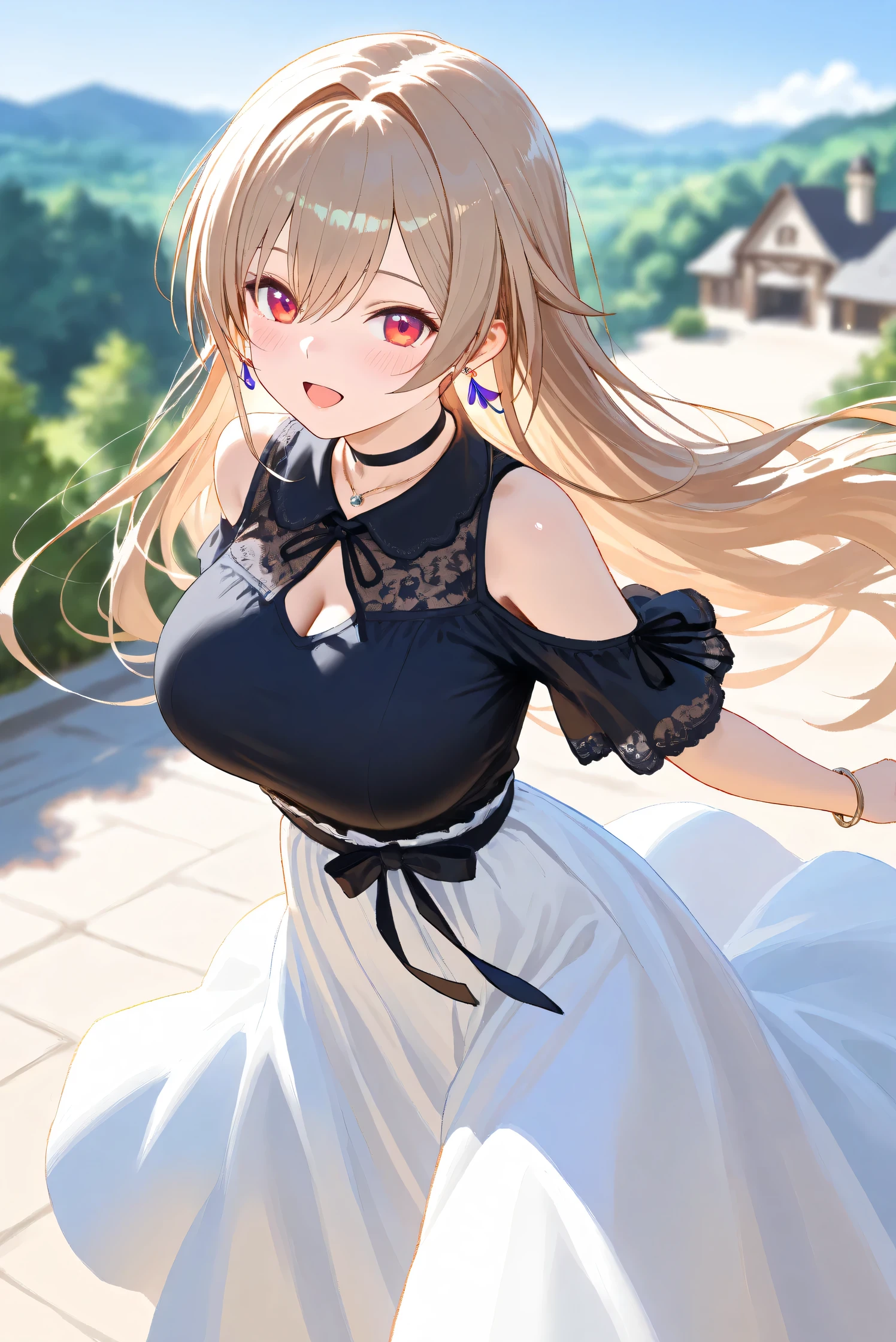 (Masterpiece), (Highest quality), (Very detailed),
(The best shape), (Best Shadow), (Absurd),
(Detailed background), (So beautiful), Shiny ,
Extraordinary, Countershading, 8k, 32K, High resolution, Beautiful eyes in every detail,
Very Detailed CG, UHD,
Score_9, Score_8_up, Score_7_up, Source_anime,
(Pastel painting:1.2), (Watercolor painting:1.2),
(Masterpiece, Detailed:1.2), (Foreshortening:1.2),
Cinematic, Dramatic, (Depth of field:1.4),
(Blurry background:1.4), (Realistic background:1.4),
(Foreshortening:1.3),Dynamic angle, 1 girl,
fantasy background, Outdoor, Nature, Wind, blue sky,
fantasy buildings,
from above,
Furen E Lustario,
Nijisanji, virtual youtuber,
frnel, very long hair, blonde hair, brown hair, bangs, red eyes, hair between eyes, large breasts,
casual wear, black shirt, ribbon tie, clothing cutout, shoulder cutout, black choker, bare shoulders, long skirt, white skirt, jewelry, (Purple earrings:1.1), necklace, bracelet,
portrait, focus on face, close up,
(Blush:1.3), happy, open mouth, whisper,
talking to viewer,
Realistic skin, Shiny skin,