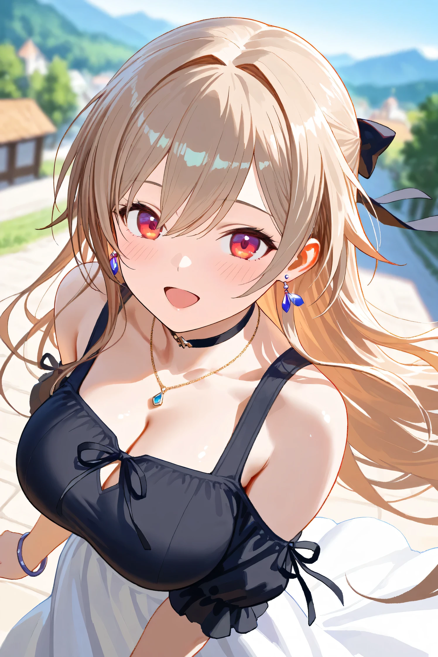 (Masterpiece), (Highest quality), (Very detailed),
(The best shape), (Best Shadow), (Absurd),
(Detailed background), (So beautiful), Shiny ,
Extraordinary, Countershading, 8k, 32K, High resolution, Beautiful eyes in every detail,
Very Detailed CG, UHD,
Score_9, Score_8_up, Score_7_up, Source_anime,
(Pastel painting:1.2), (Watercolor painting:1.2),
(Masterpiece, Detailed:1.2), (Foreshortening:1.2),
Cinematic, Dramatic, (Depth of field:1.4),
(Blurry background:1.4), (Realistic background:1.4),
(Foreshortening:1.3),Dynamic angle, 1 girl,
fantasy background, Outdoor, Nature, Wind, blue sky,
fantasy buildings,
from above,
Furen E Lustario,
Nijisanji, virtual youtuber,
frnel, very long hair, blonde hair, brown hair, bangs, red eyes, hair between eyes, large breasts,
casual wear, black shirt, ribbon tie, clothing cutout, shoulder cutout, black choker, bare shoulders, long skirt, white skirt, jewelry, (Purple earrings:1.1), necklace, bracelet,
portrait, focus on face, close up,
(Blush:1.3), happy, open mouth, whisper,
talking to viewer,
Realistic skin, Shiny skin,