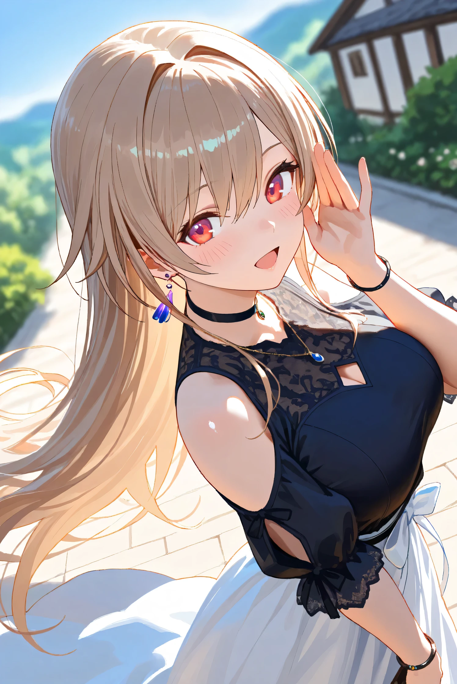 (Masterpiece), (Highest quality), (Very detailed),
(The best shape), (Best Shadow), (Absurd),
(Detailed background), (So beautiful), Shiny ,
Extraordinary, Countershading, 8k, 32K, High resolution, Beautiful eyes in every detail,
Very Detailed CG, UHD,
Score_9, Score_8_up, Score_7_up, Source_anime,
(Pastel painting:1.2), (Watercolor painting:1.2),
(Masterpiece, Detailed:1.2), (Foreshortening:1.2),
Cinematic, Dramatic, (Depth of field:1.4),
(Blurry background:1.4), (Realistic background:1.4),
(Foreshortening:1.3),Dynamic angle, 1 girl,
fantasy background, Outdoor, Nature, Wind, blue sky,
fantasy buildings,
from above,
Furen E Lustario,
Nijisanji, virtual youtuber,
frnel, very long hair, blonde hair, brown hair, bangs, red eyes, hair between eyes, large breasts,
casual wear, black shirt, ribbon tie, clothing cutout, shoulder cutout, black choker, bare shoulders, long skirt, white skirt, jewelry, (Purple earrings:1.1), necklace, bracelet,
portrait, focus on face, close up,
(Blush:1.3), happy, open mouth, whispering,
talking to viewer,
Realistic skin, Shiny skin,