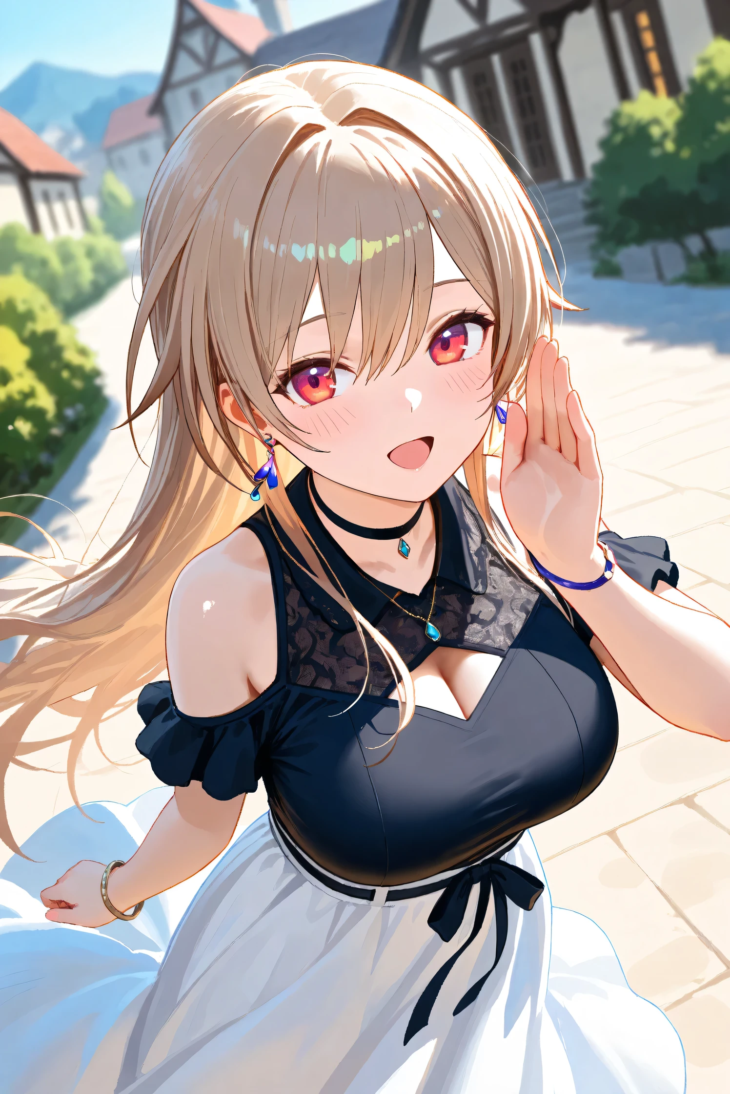 (Masterpiece), (Highest quality), (Very detailed), 
(The best shape), (Best Shadow), (Absurd), 
(Detailed background), (So beautiful), Shiny , 
Extraordinary, Countershading, 8k, 32K, High resolution, Beautiful eyes in every detail,
Very Detailed CG, UHD,

Score_9, Score_8_up, Score_7_up, Source_anime, 
(Pastel painting:1.2), (Watercolor painting:1.2),
(Masterpiece, Detailed:1.2), (Foreshortening:1.2),

Cinematic, Dramatic, (Depth of field:1.4),
(Blurry background:1.4), (Realistic background:1.4),
(Foreshortening:1.3),Dynamic angle, 1 girl,
fantasy background, Outdoor, Nature, Wind, blue sky,
fantasy buildings,
from above,

Furen E Lustario,
Nijisanji, virtual youtuber,
frnel, very long hair, blonde  hair, brown hair, bangs, red eyes, hair between eyes, large breasts, 

casual wear,  black shirt, ribbon tie, clothing cutout, shoulder cutout, black choker, bare shoulders, long skirt, white skirt, jewelry, (Purple earrings:1.1), necklace, bracelet,

portrait, focus on face, close up,
(Blush:1.3), happy, open mouth, whispering,
talking to viewer,
Realistic skin, Shiny skin,