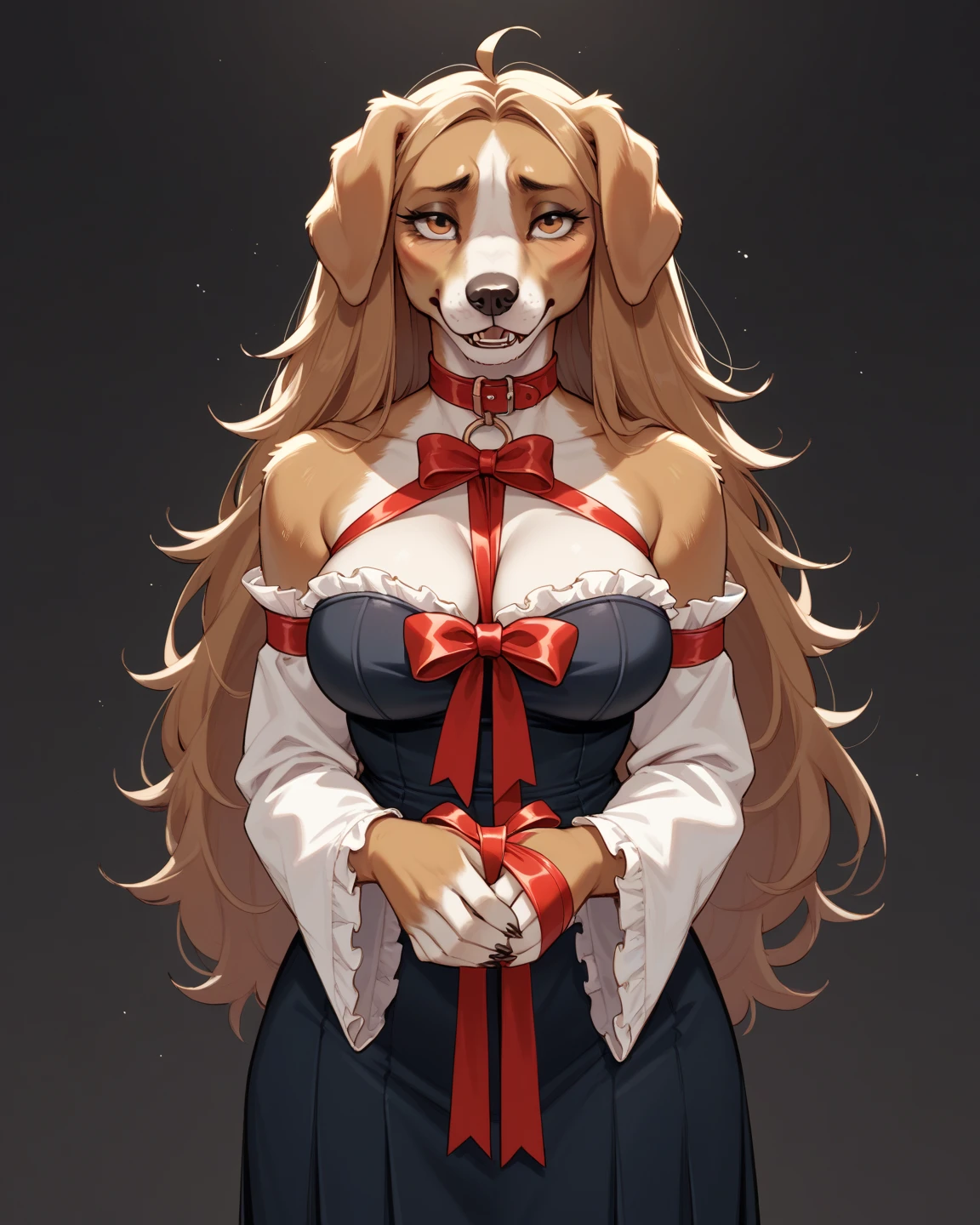 By bebebebebe, by lostgoose, by goonie-san, solo, female, canine, (((hair, afghan hound))), white fur, standing, (tail, snout, detailed eyes), standing, (french city), ((prada dress suit)), big breasts, big breasts, hands behind back
