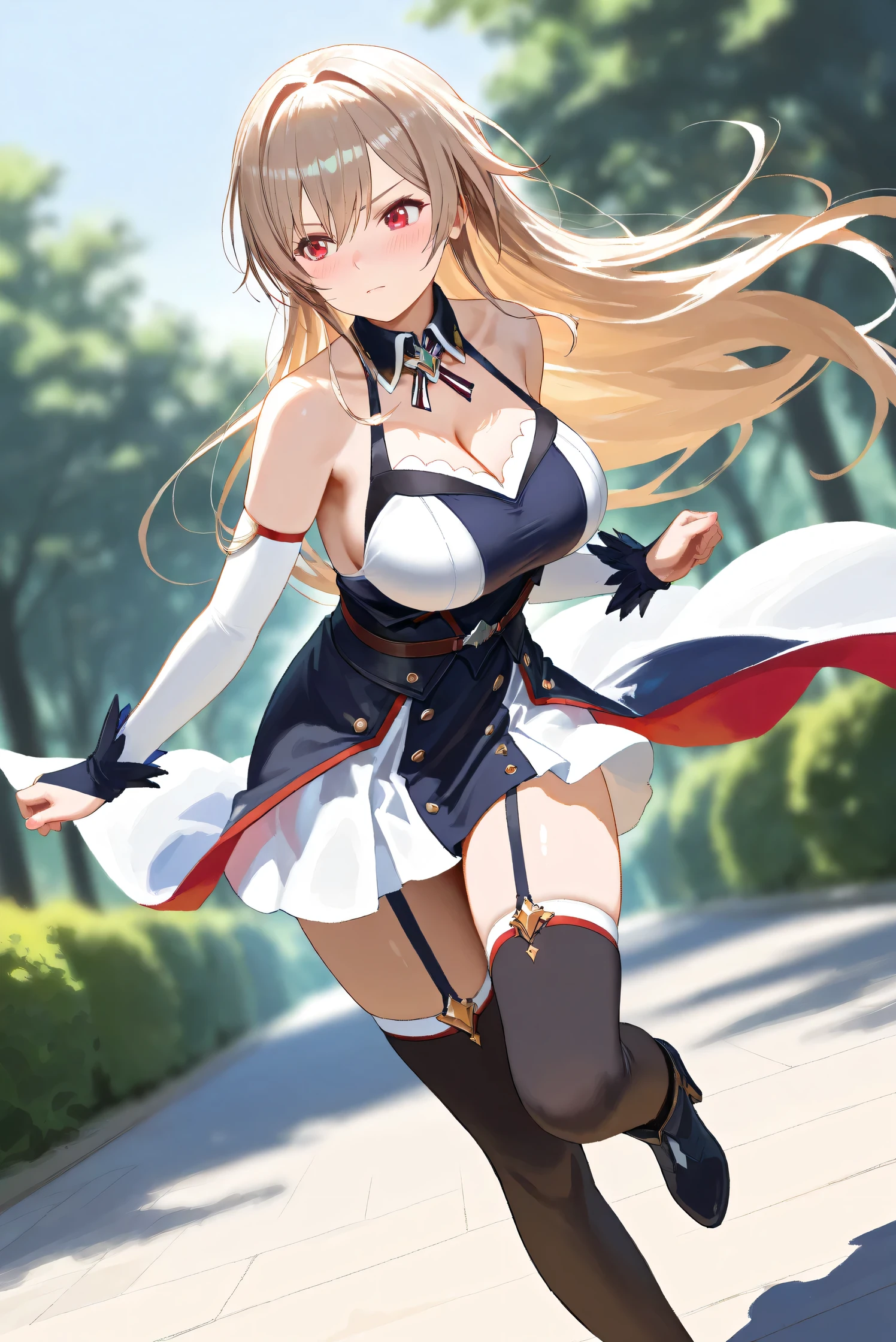 (Masterpiece), (Highest quality), (Very detailed),
(The best shape), (Best Shadow), (Absurd),
(Detailed background), (So beautiful), Shiny ,
Extraordinary, Countershading, 8k, 32K, High resolution, Beautiful eyes in every detail,
Very Detailed CG, UHD,
Score_9, Score_8_up, Score_7_up, Source_anime,
(Pastel painting:1.2), (Watercolor painting:1.2),
(Masterpiece, Detailed:1.2), (Foreshortening:1.2),
Cinematic, Dramatic, (Depth of field:1.4),
(Blurry background:1.4), (Realistic background:1.4),
(Foreshortening:1.3),Dynamic angle, 1 girl,
Outdoor, Nature, Park, Wind,
from below,
Furen E Lustario,
Nijisanji, virtual youtuber,
frnel, very long hair, blonde hair, brown hair, bangs, red eyes, hair between eyes, large breasts,
t costume, dress, short dress, detached collar, bare shoulders, detached sleeves, cleavage, collarbone, bridal gauntlets, black thighhighs, zettai ryouiki, garter straps, waist cape,boots, high heels,
cowboy shot,
(Blush:1.3), Serious expression,
Realistic skin, Shiny skin,